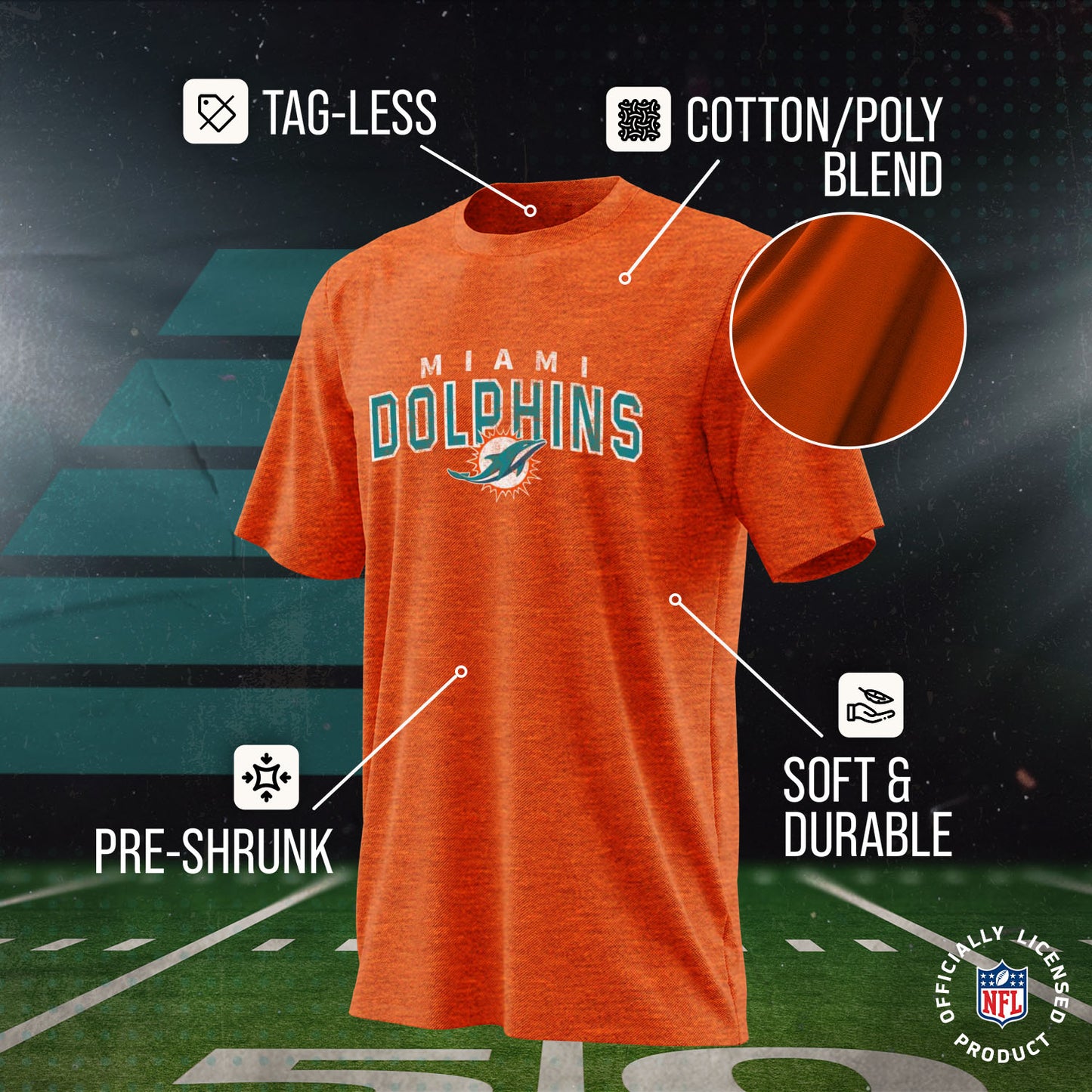 Miami Dolphins NFL Youth Starting Fresh Tee- Pro Football Tag-Less T-Shirt For Boys & Girls - Orange