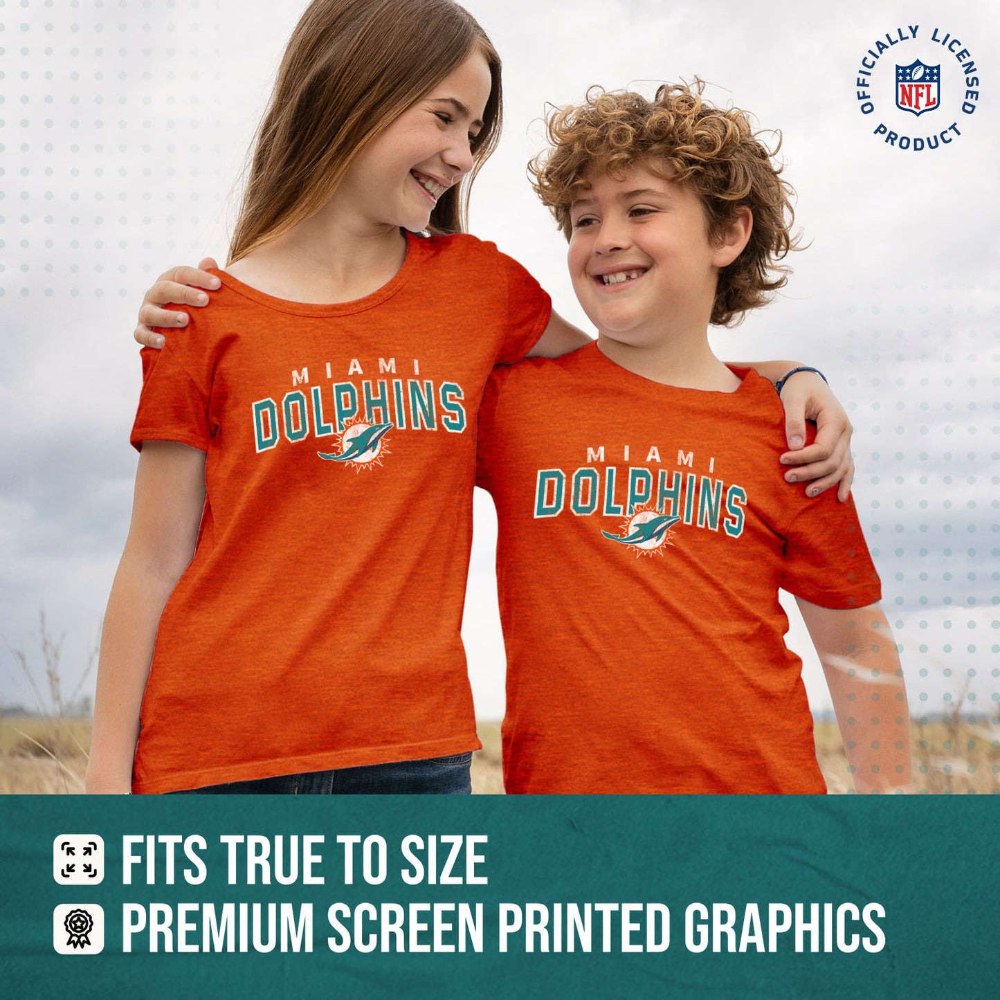 Miami Dolphins NFL Youth Starting Fresh Tee- Pro Football Tag-Less T-Shirt For Boys & Girls - Orange