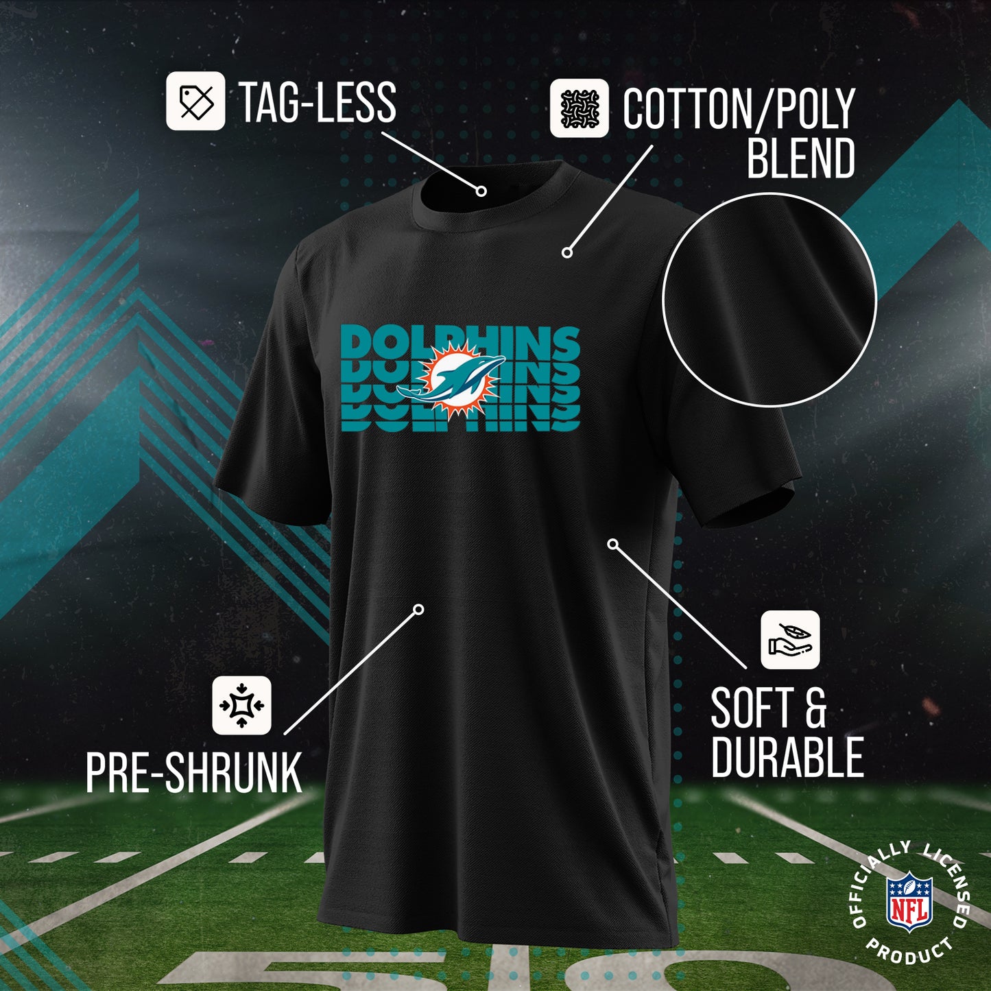 Miami Dolphins NFL Youth Repeating Logo Football T-Shirt Unisex Tag Free Comfortable - Black