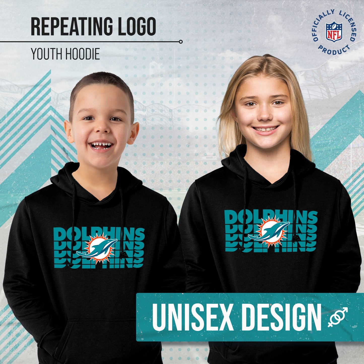 Miami Dolphins NFL Youth Repeating Logo Football Fleece Hooded Sweatshirt - Black