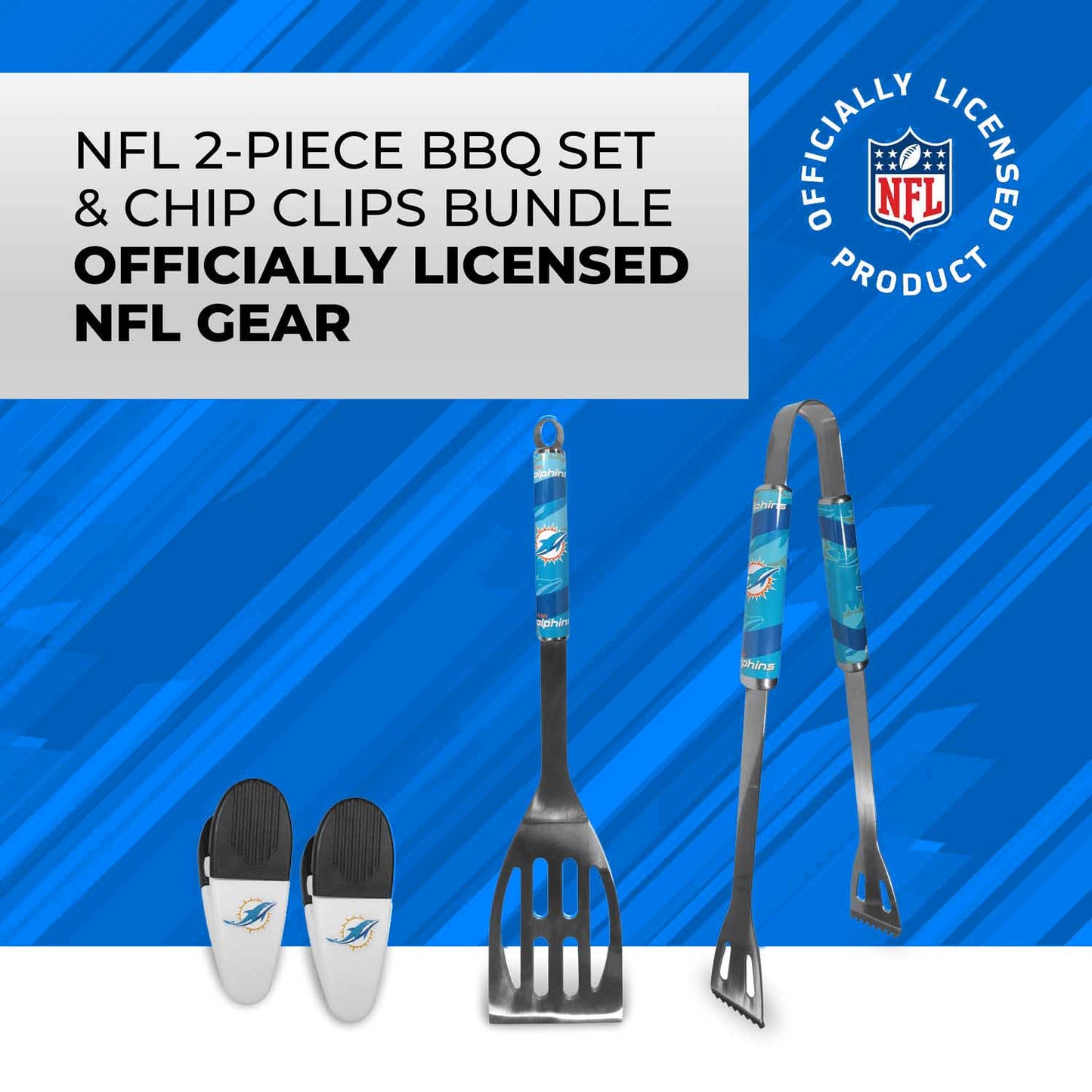 Miami Dolphins NFL Two Piece Grilling Tools Set with 2 Magnet Chip Clips - Chrome