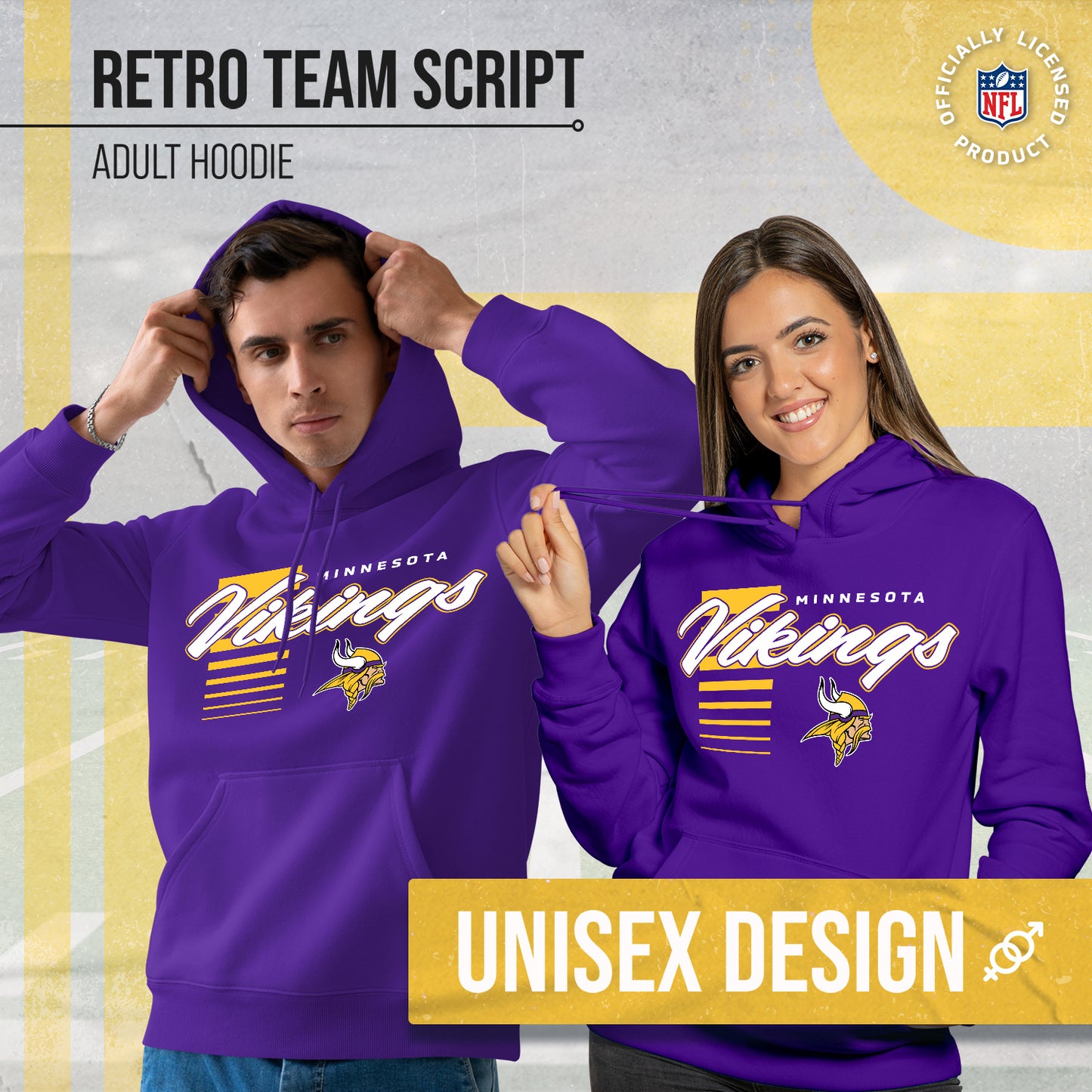 Minnesota Vikings NFL Adult Unisex Retro Script Ultra Soft Fleece Hooded Sweatshirt - Purple
