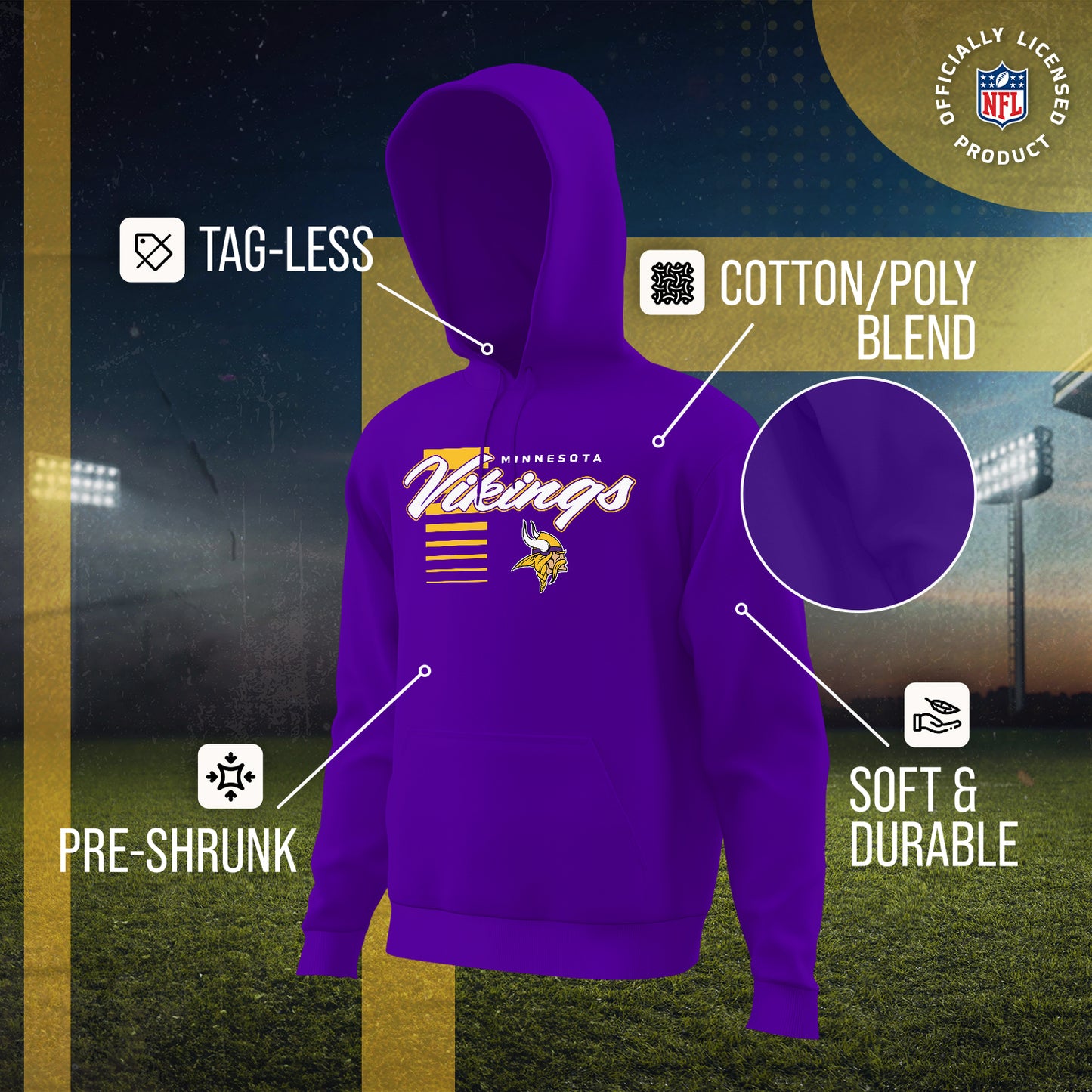 Minnesota Vikings NFL Adult Unisex Retro Script Ultra Soft Fleece Hooded Sweatshirt - Purple