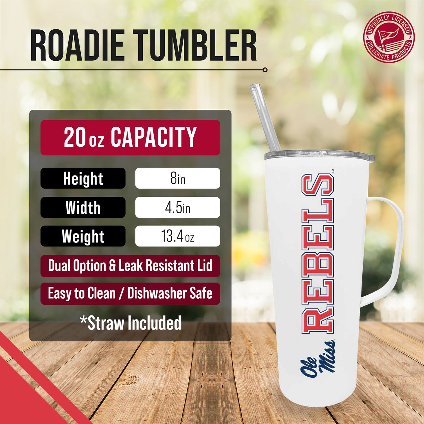 Ole Miss Rebels NCAA Stainless Steel 20oz Roadie With Handle & Dual Option Lid With Straw - White