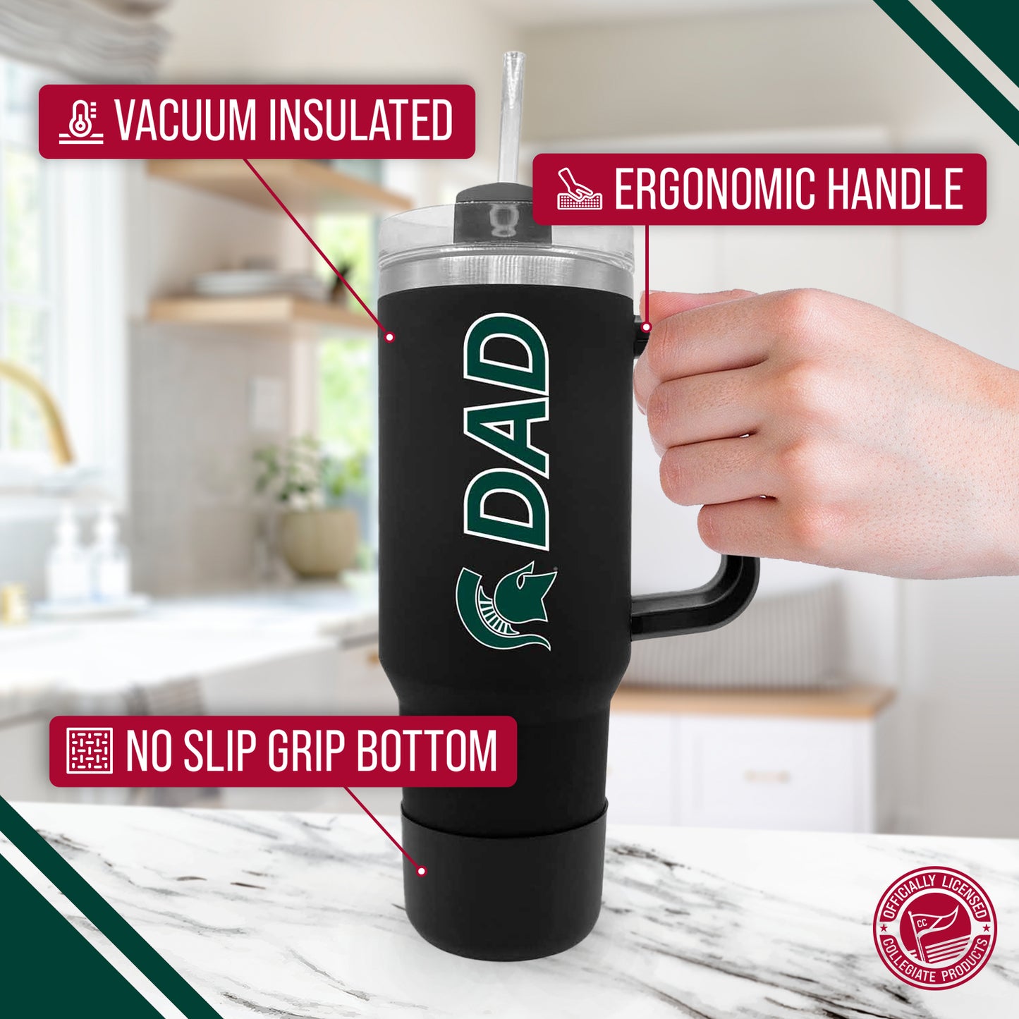 Michigan State Spartans Collegiate 40oz Stainless Steel Travel Tumbler with Handle for Dad - Black