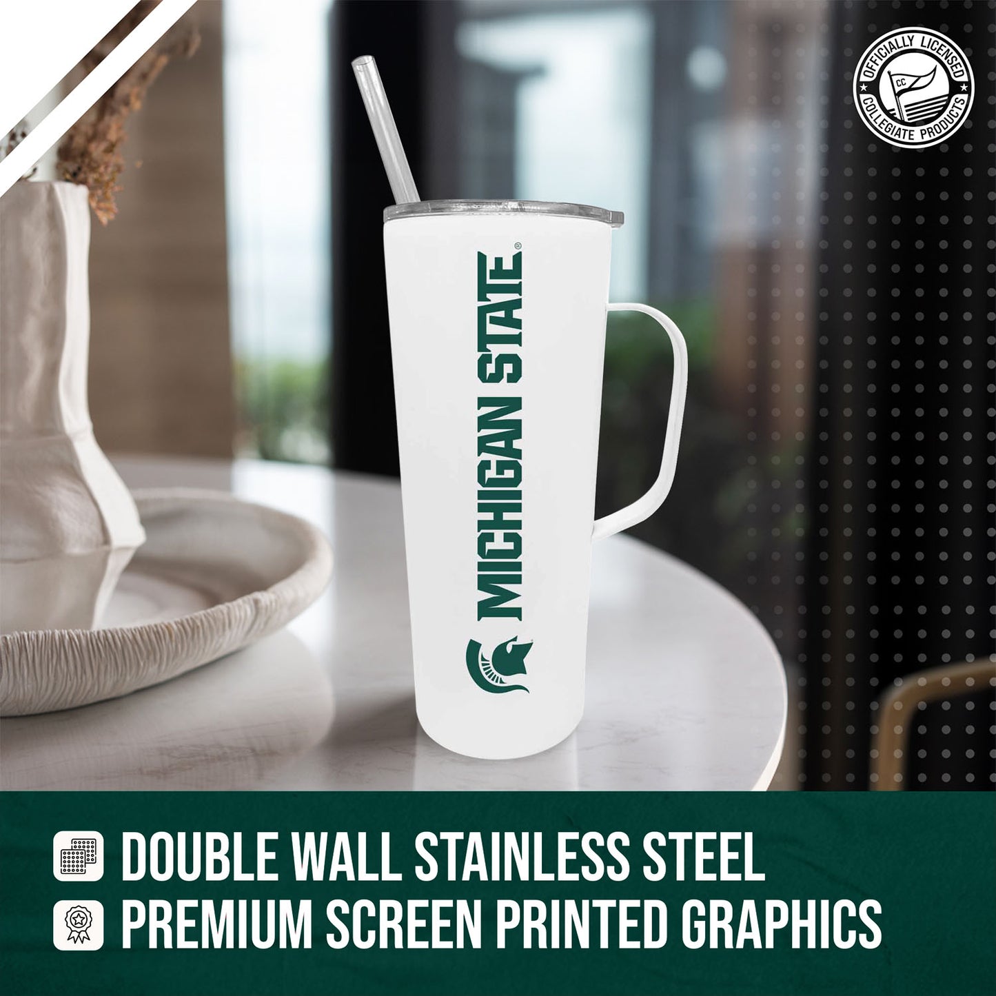 Michigan State Spartans NCAA Stainless Steal 20oz Roadie With Handle & Dual Option Lid With Straw - White