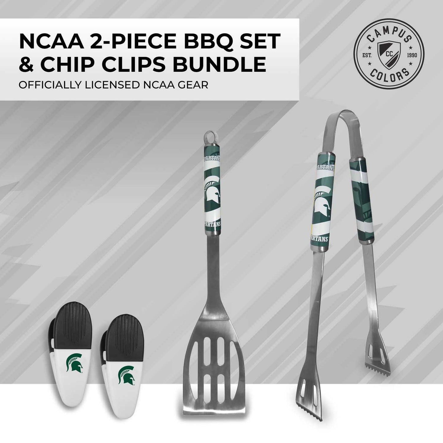 Michigan State Spartans Collegiate University Two Piece Grilling Tools Set with 2 Magnet Chip Clips - Chrome