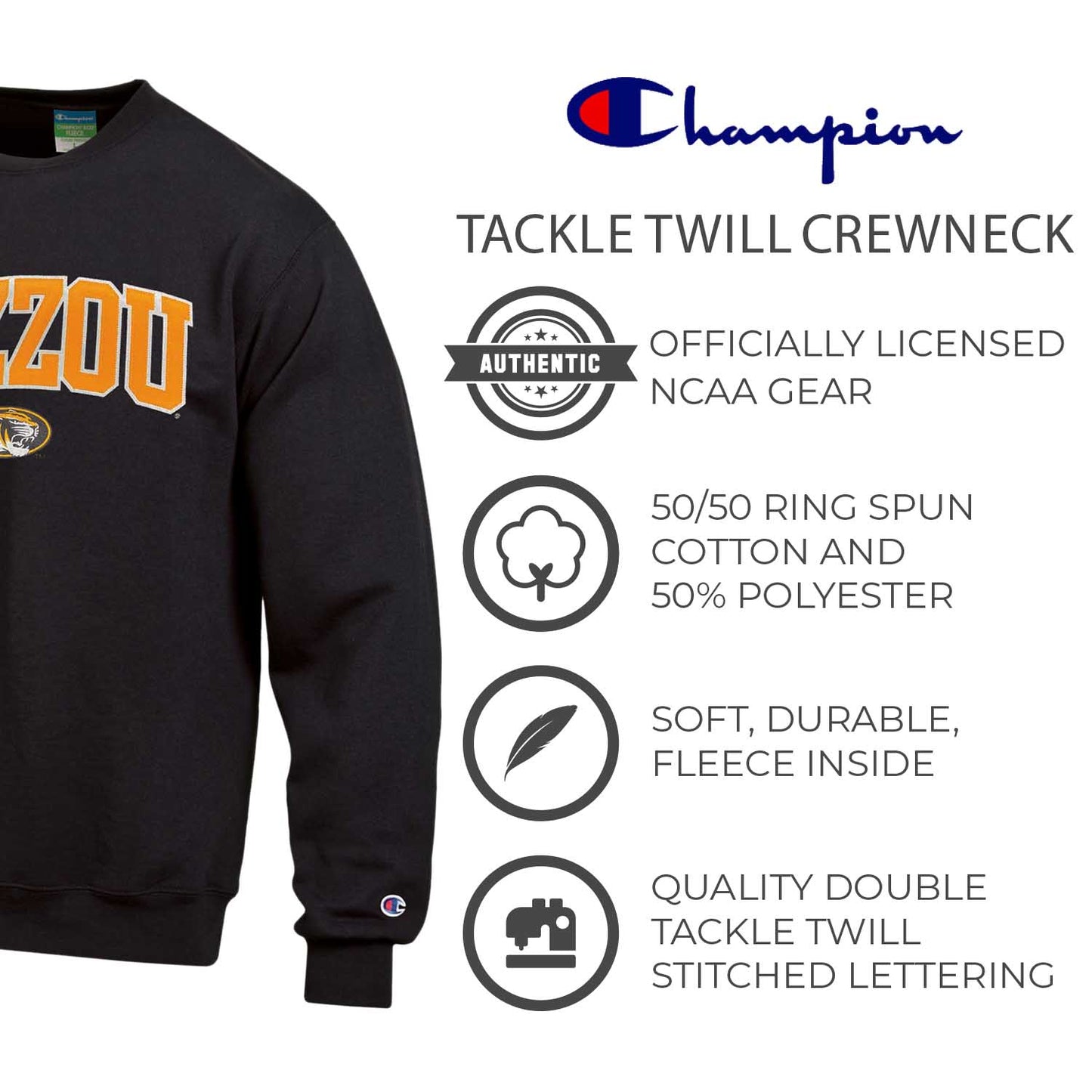 Missouri Tigers Adult Tackle Twill Crewneck - Black