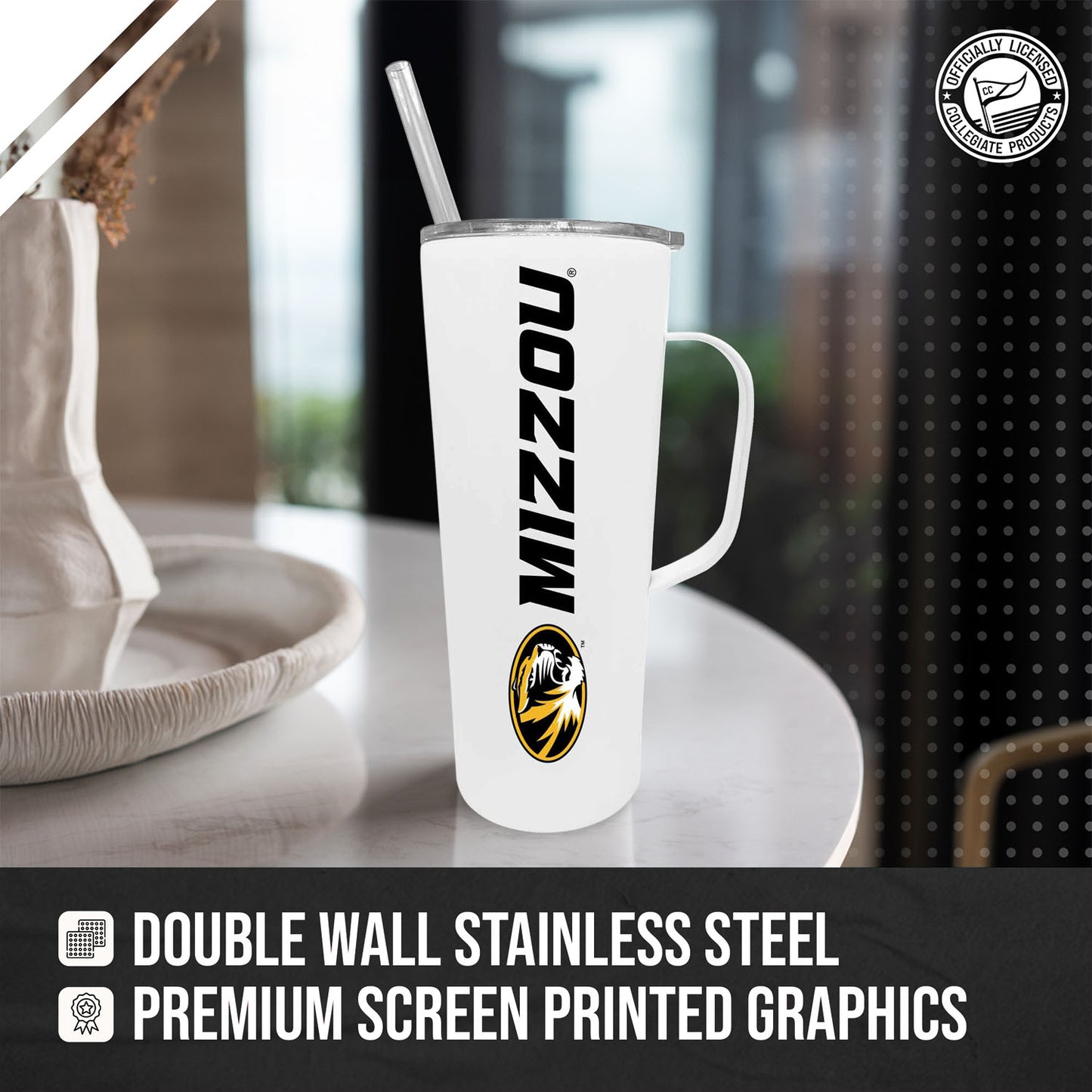 Missouri Tigers NCAA Stainless Steal 20oz Roadie With Handle & Dual Option Lid With Straw - White