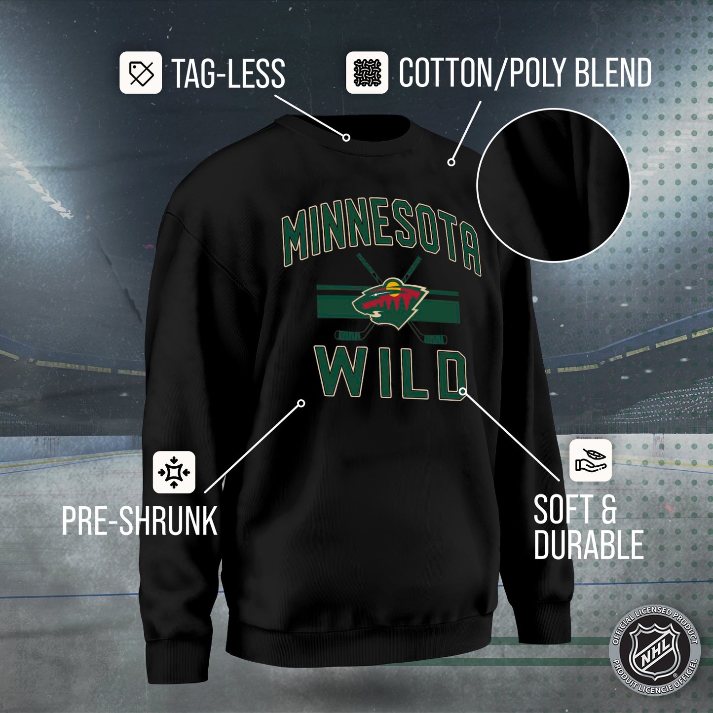 Minnesota Wild Adult NHL Face Off Hockey Fleece Crewneck Sweatshirt - Black