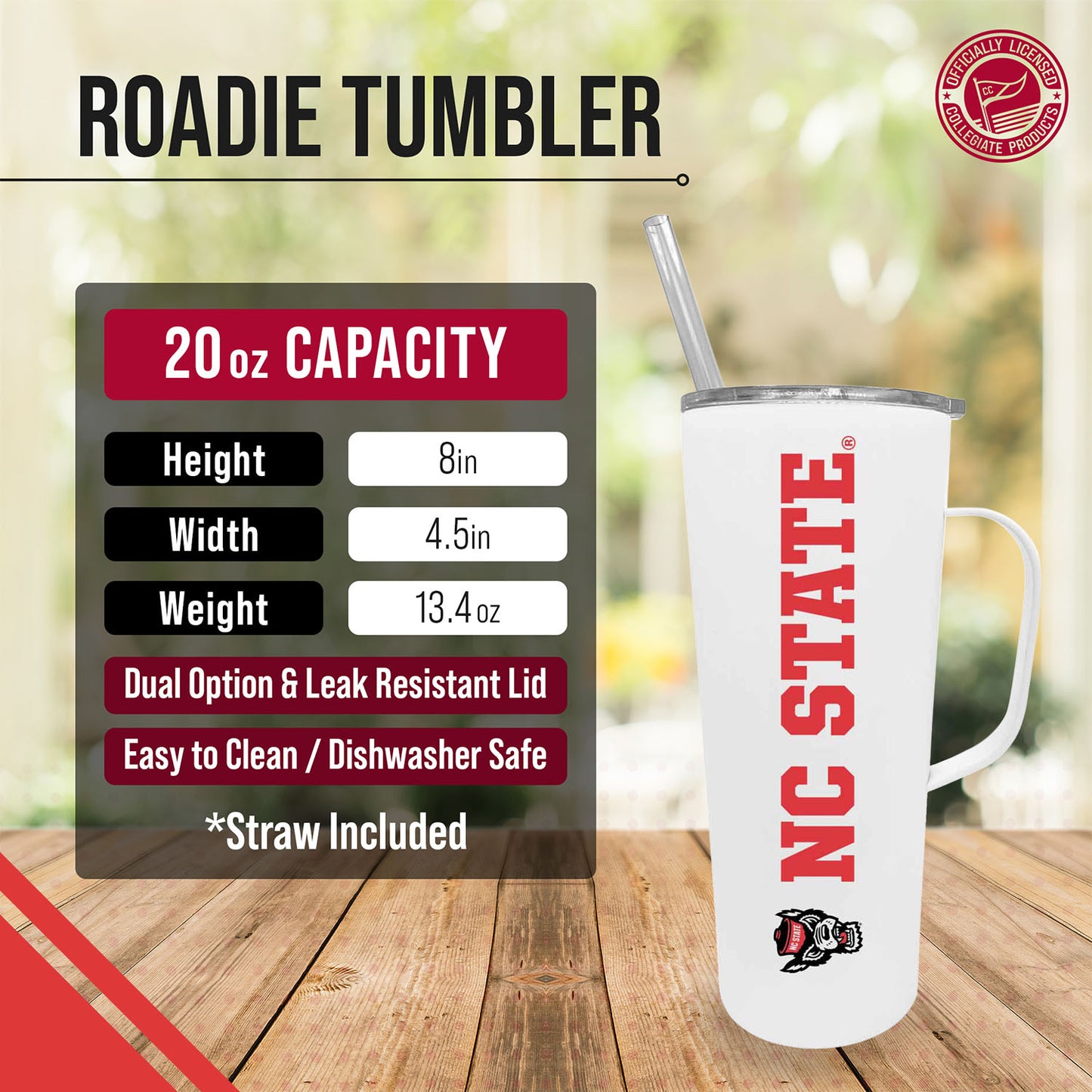 NC State Wolfpack NCAA Stainless Steal 20oz Roadie With Handle & Dual Option Lid With Straw - White