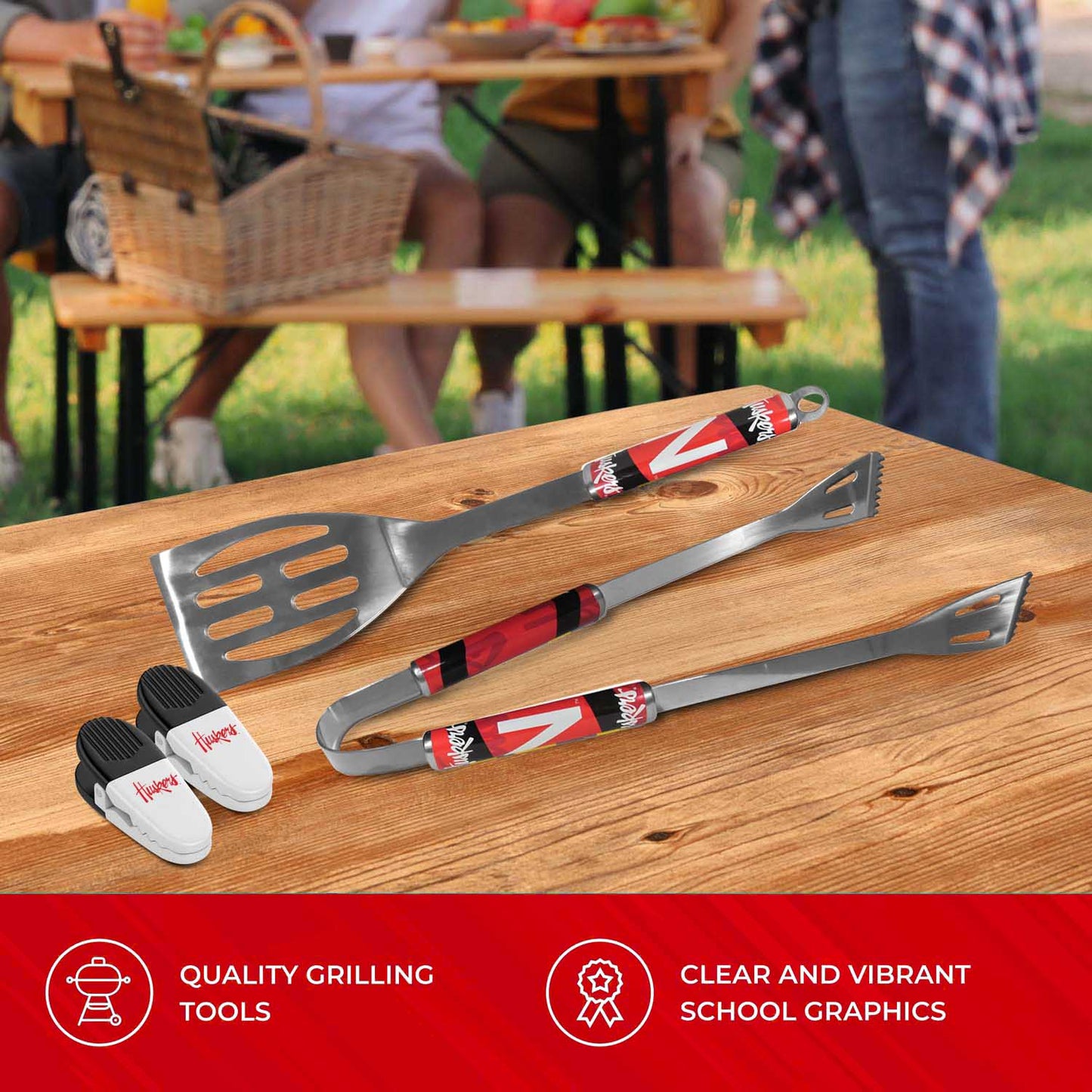 Nebraska Cornhuskers Collegiate University Two Piece Grilling Tools Set with 2 Magnet Chip Clips - Chrome