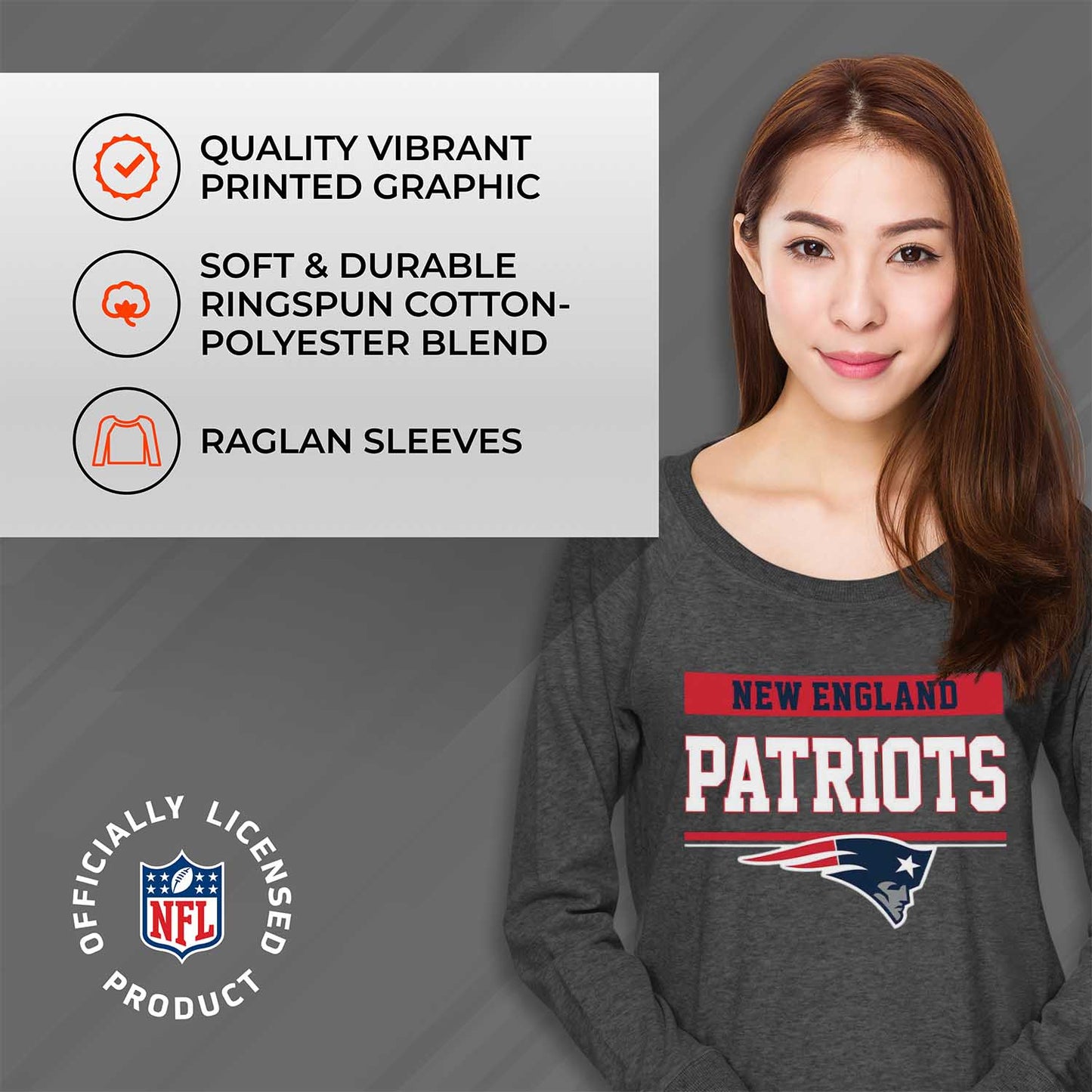 New England Patriots NFL Womens Charcoal Crew Neck Football Apparel - Charcoal