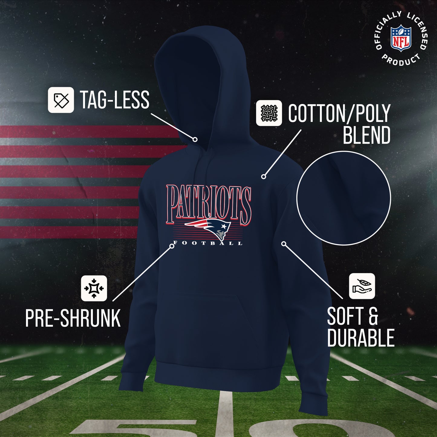 New England Patriots NFL Adult Unisex Overtime Blueprint Soft Fleece Hooded Sweatshirt - Navy