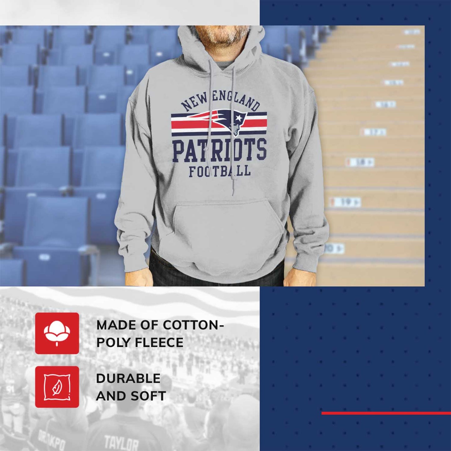 New England Patriots NFL Team Stripe Hooded Sweatshirt- Soft Pullover Sports Hoodie For Men & Women - Sport Gray