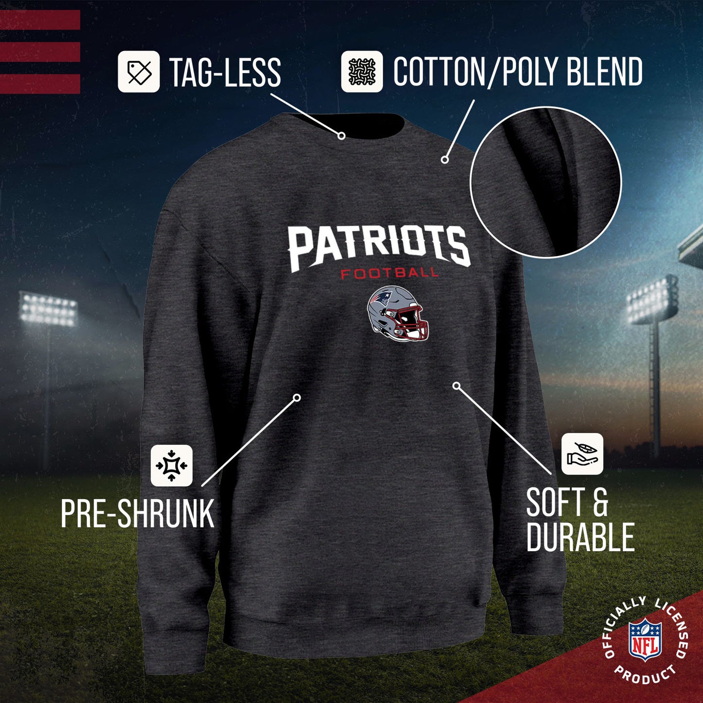 New England Patriots Adult NFL Football Helmet Heather Crewneck Sweatshirt - Charcoal