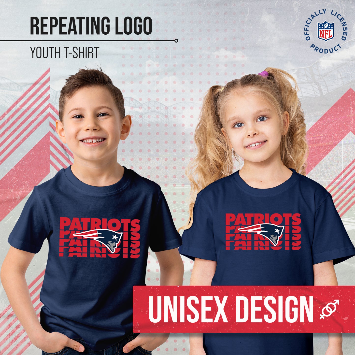 New England Patriots NFL Youth Repeating Logo Football T-Shirt Unisex Tag Free Comfortable - Navy