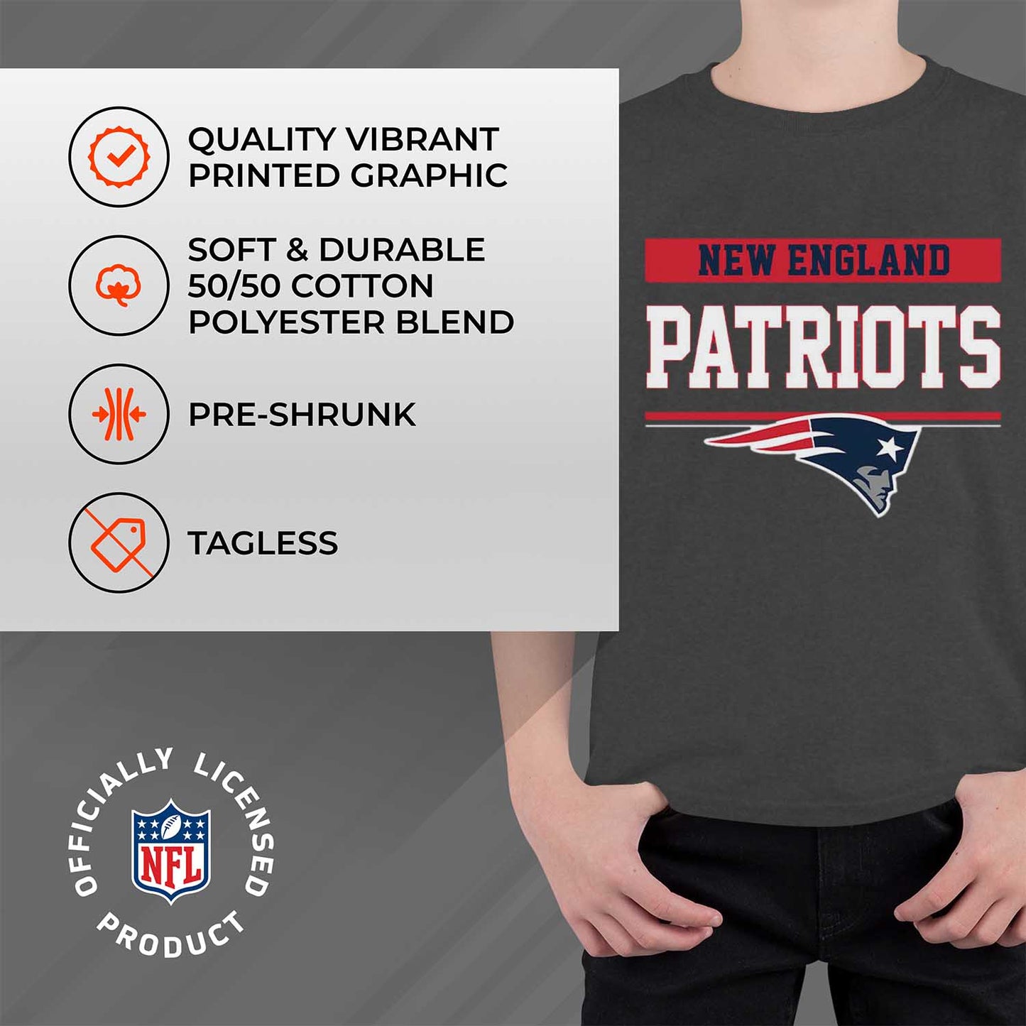 New England Patriots NFL Youth Short Sleeve Charcoal T Shirt - Charcoal