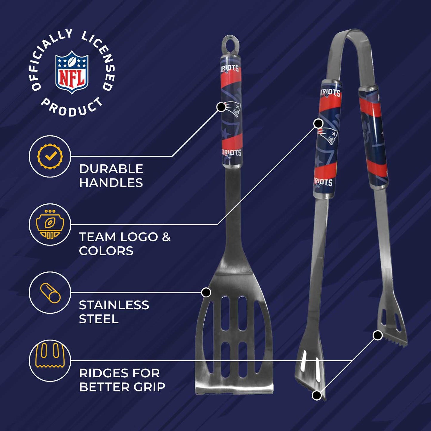 New England Patriots NFL Two Piece Grilling Tools Set with 2 Magnet Chip Clips - Chrome