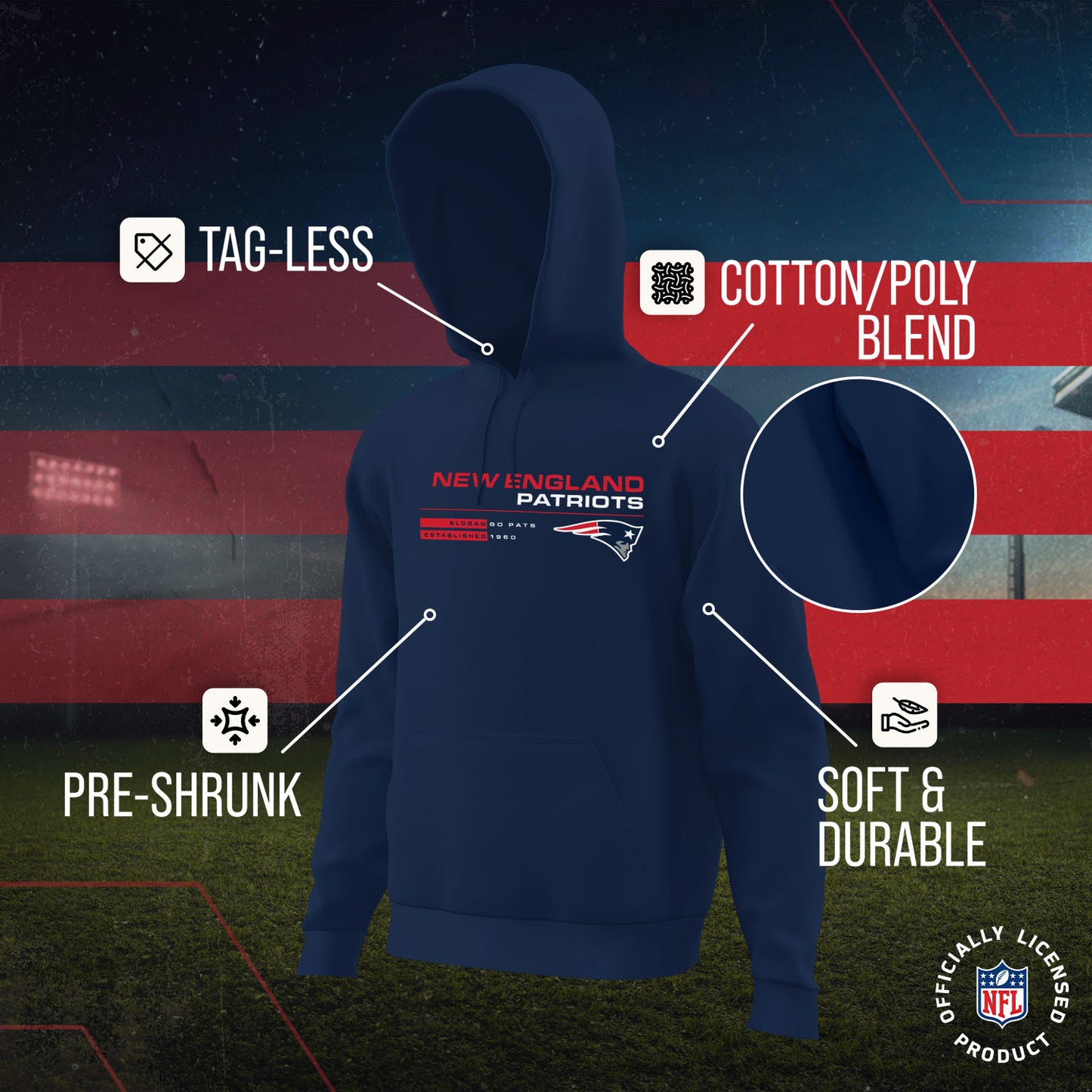 New England Patriots Adult NFL Speed Stat Sheet Fleece Hooded Sweatshirt - Navy