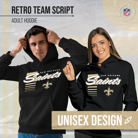 New Orleans Saints NFL Adult Unisex Retro Script Ultra Soft Fleece Hooded Sweatshirt - Black