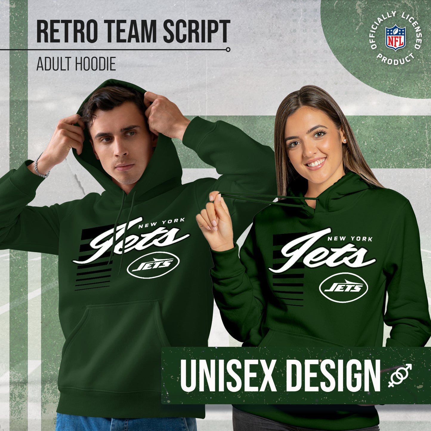 New York Jets NFL Adult Unisex Retro Script Ultra Soft Fleece Hooded Sweatshirt - Forest Green