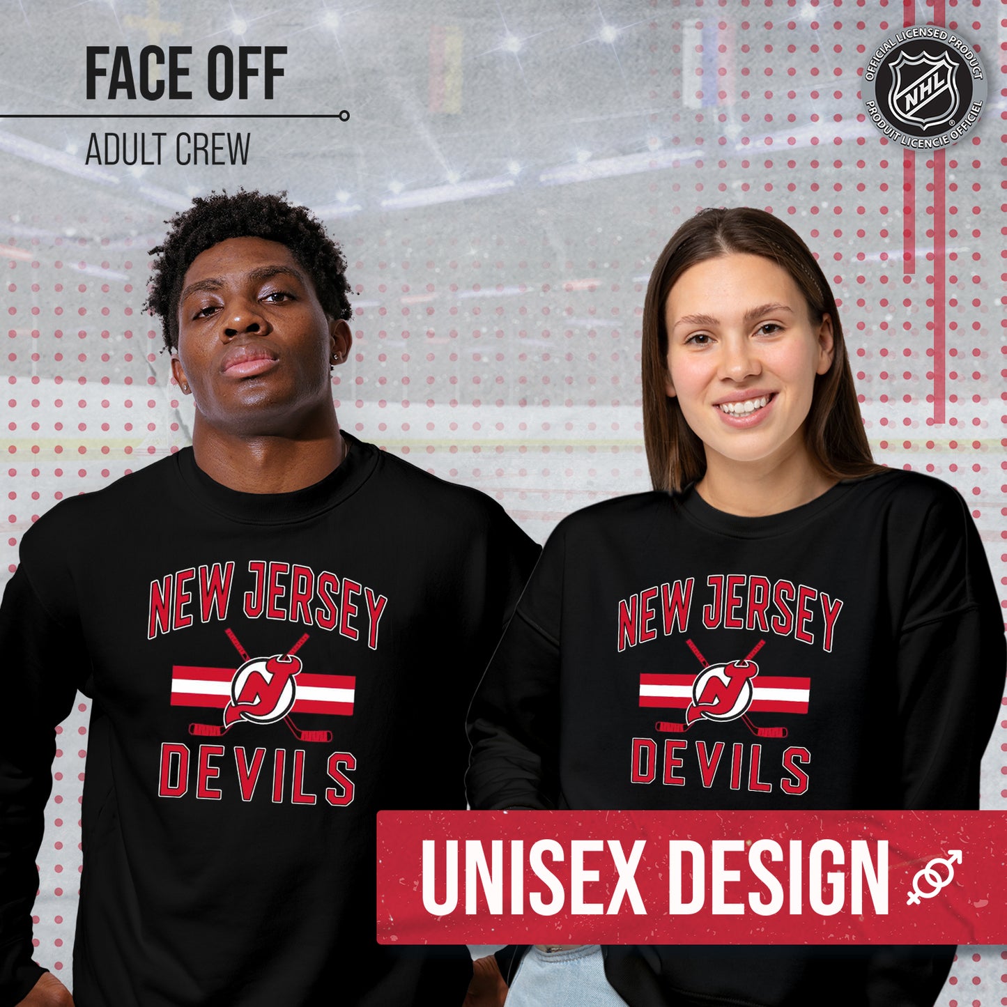 New Jersey Devils Adult NHL Face Off Hockey Fleece Crewneck Sweatshirt - Black