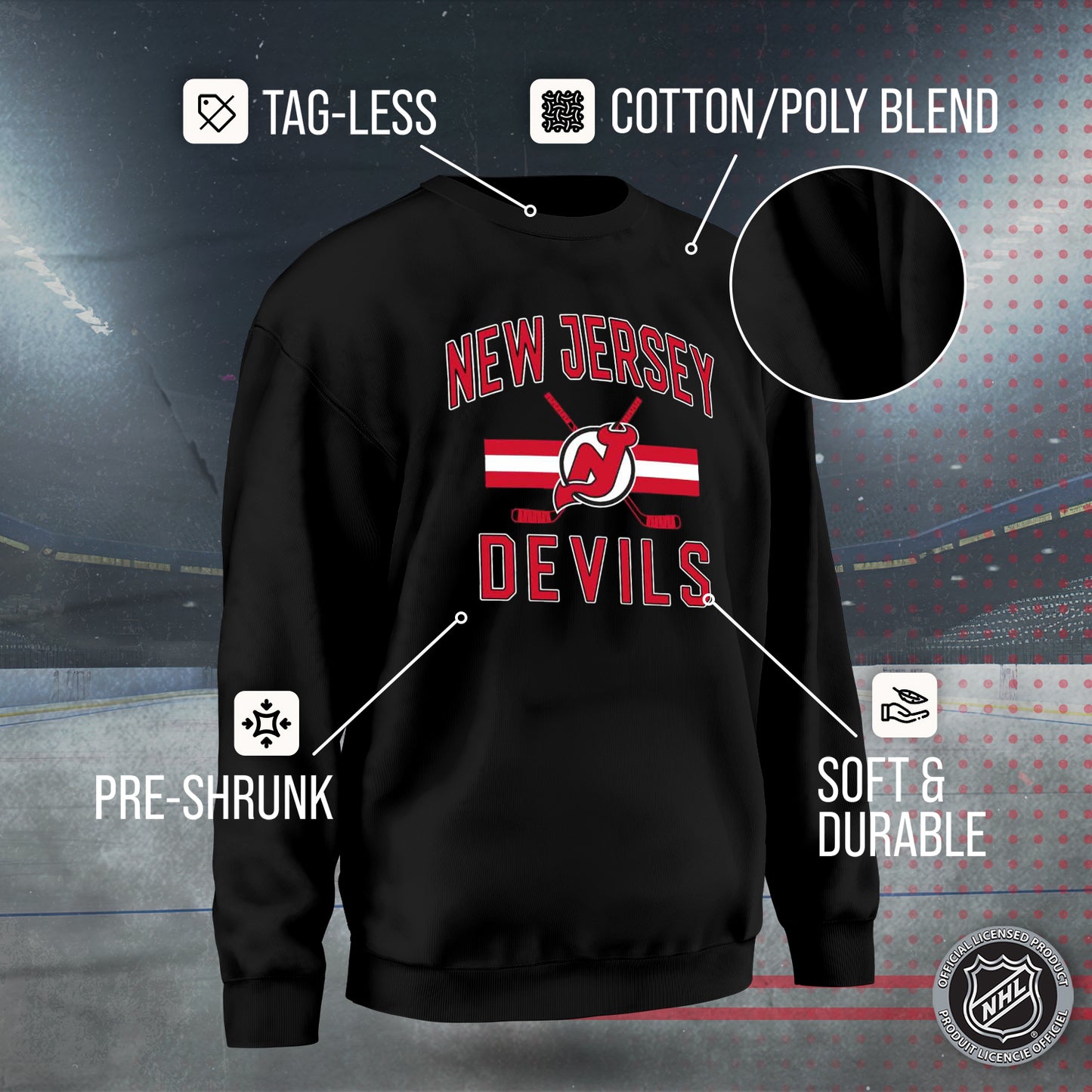 New Jersey Devils Adult NHL Face Off Hockey Fleece Crewneck Sweatshirt - Black