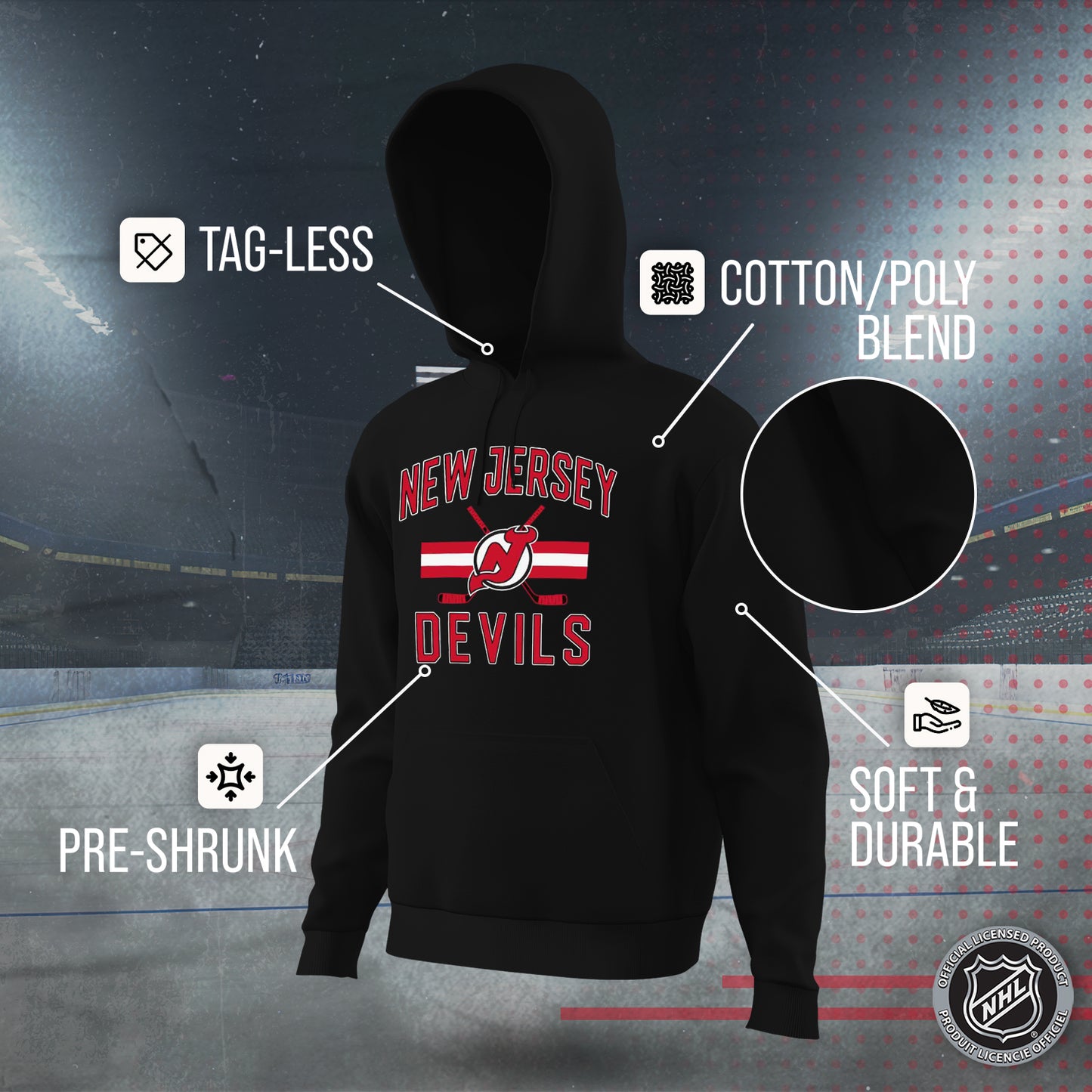 New Jersey Devils Adult NHL Face Off Hockey Fleece Hooded Sweatshirt - Black