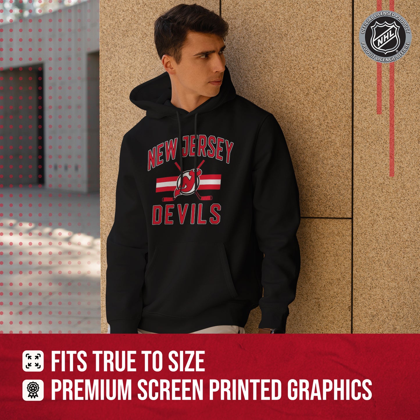 New Jersey Devils Adult NHL Face Off Hockey Fleece Hooded Sweatshirt - Black