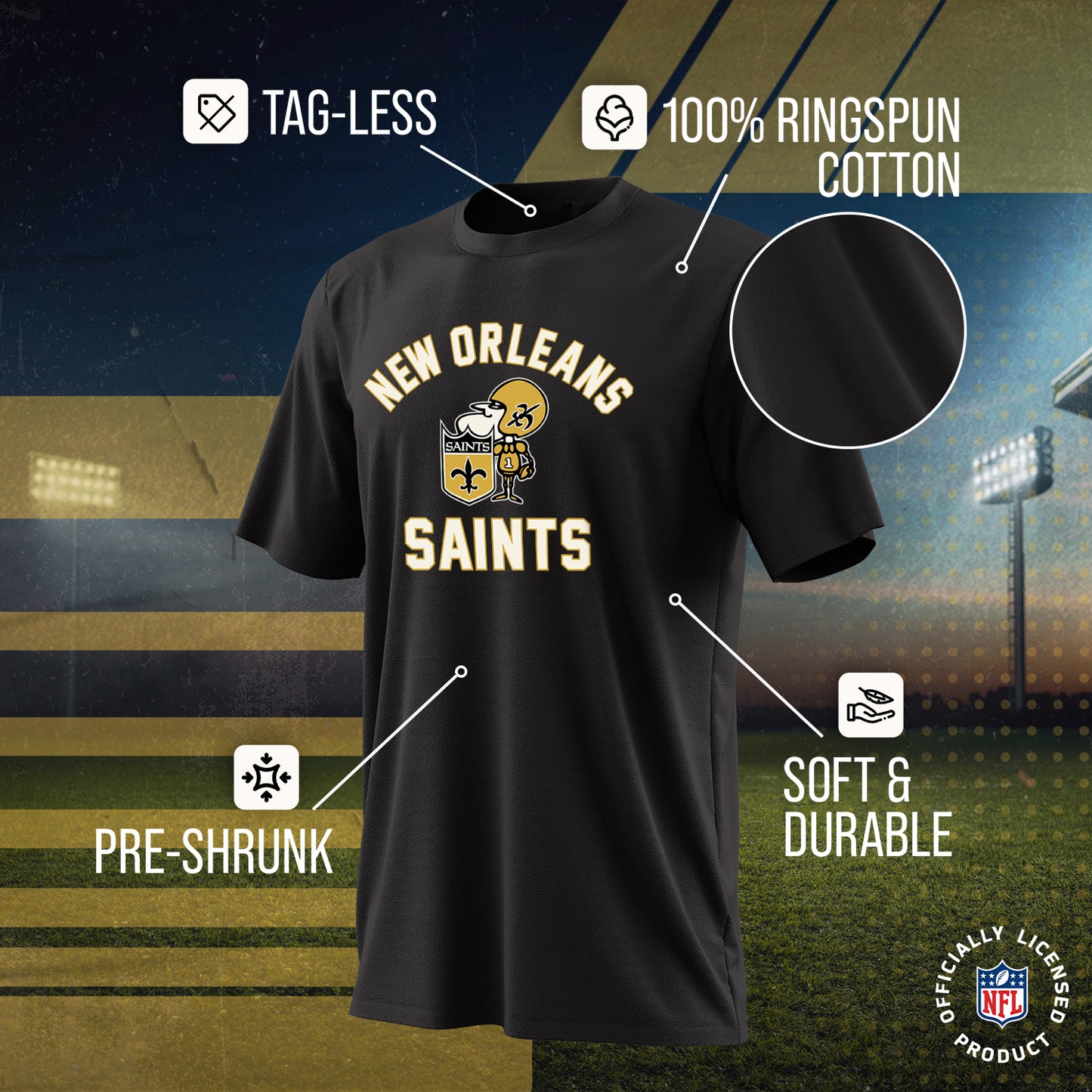 New Orleans Saints NFL Adult Retro Gameday Unisex T-Shirt - Black