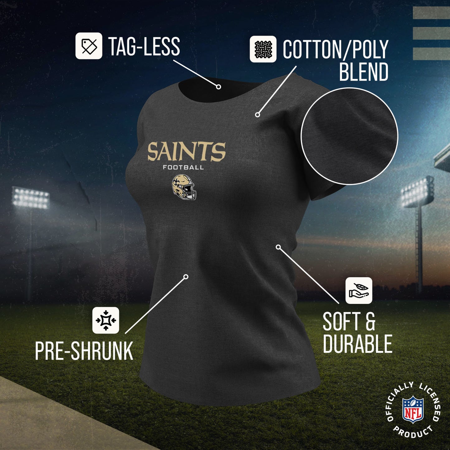 New Orleans Saints Women's NFL Football Helmet Short Sleeve Tagless T-Shirt - Charcoal