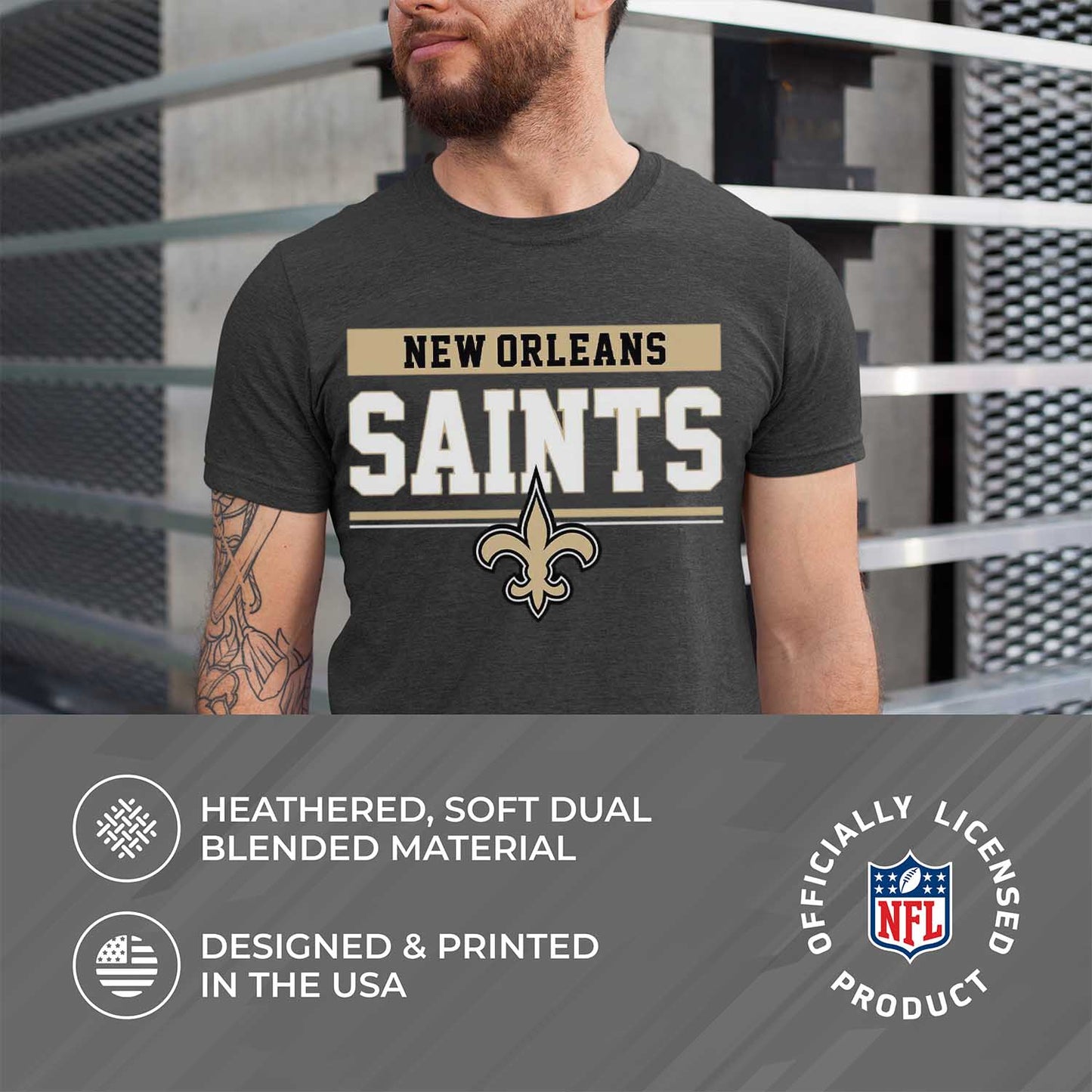 New Orleans Saints NFL Adult Team Block Tagless T-Shirt - Charcoal