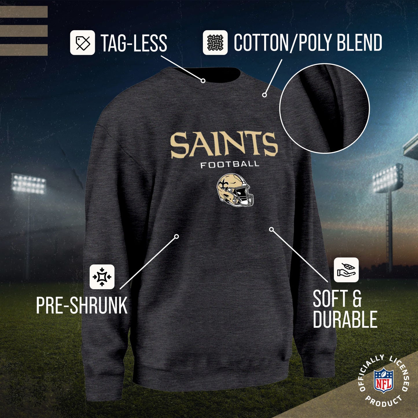 New Orleans Saints Adult NFL Football Helmet Heather Crewneck Sweatshirt - Charcoal