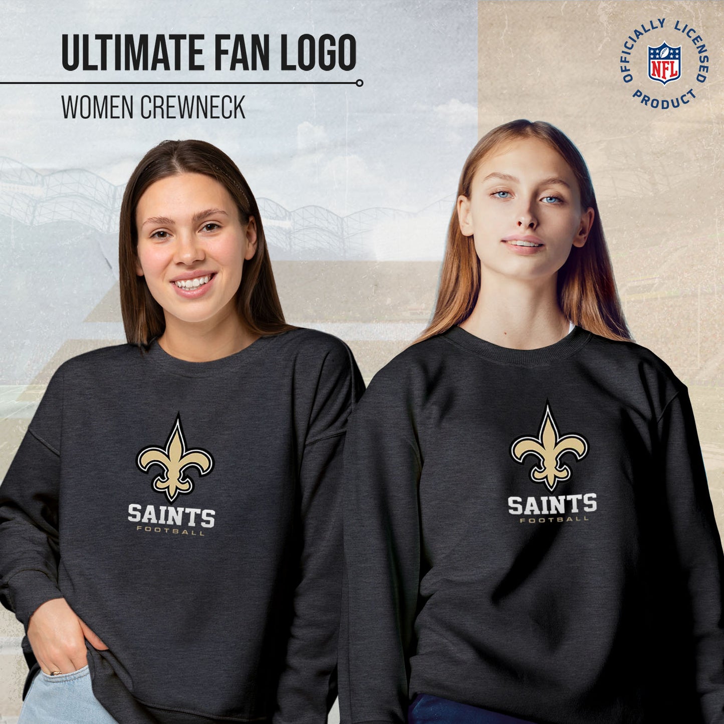 New Orleans Saints Women's NFL Ultimate Fan Logo Slouchy Crewneck -Tagless Fleece Lightweight Pullover - Charcoal