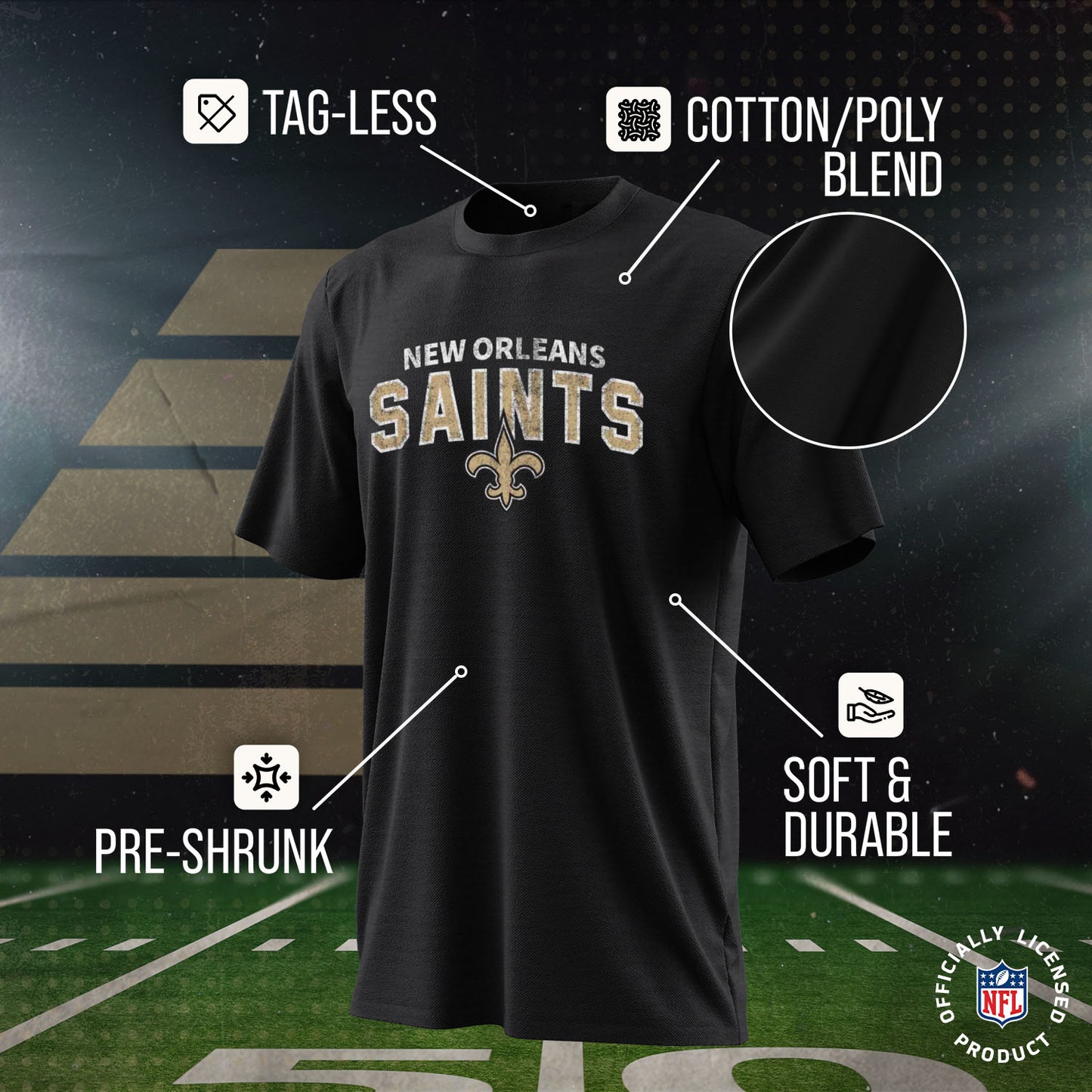 New Orleans Saints NFL Youth Starting Fresh Tee- Pro Football Tag-Less T-Shirt For Boys & Girls - Black