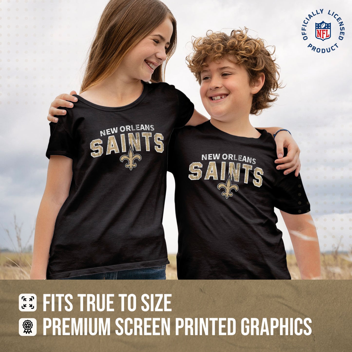 New Orleans Saints NFL Youth Starting Fresh Tee- Pro Football Tag-Less T-Shirt For Boys & Girls - Black