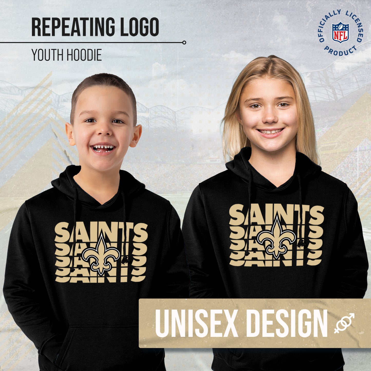 New Orleans Saints NFL Youth Repeating Logo Football Fleece Hooded Sweatshirt - Black