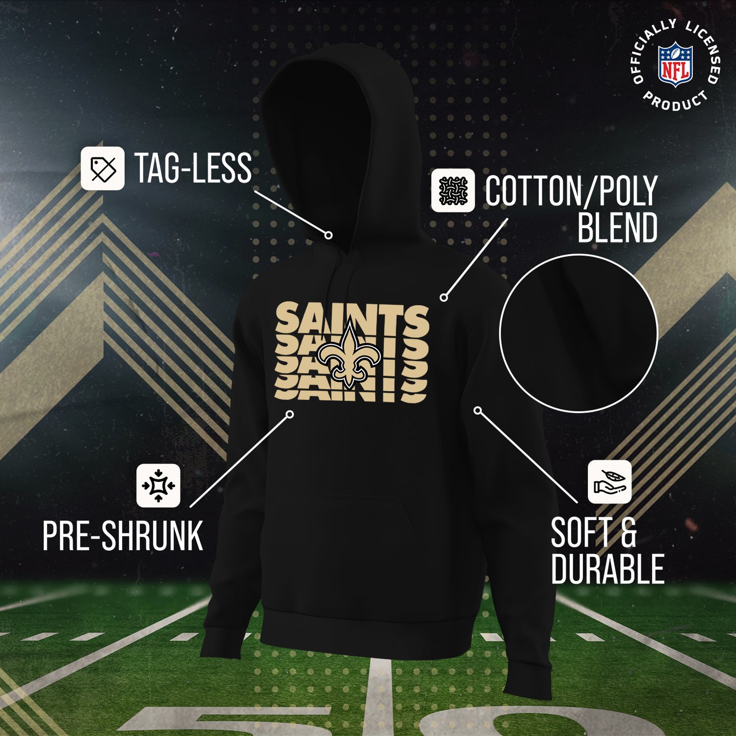 New Orleans Saints NFL Youth Repeating Logo Football Fleece Hooded Sweatshirt - Black