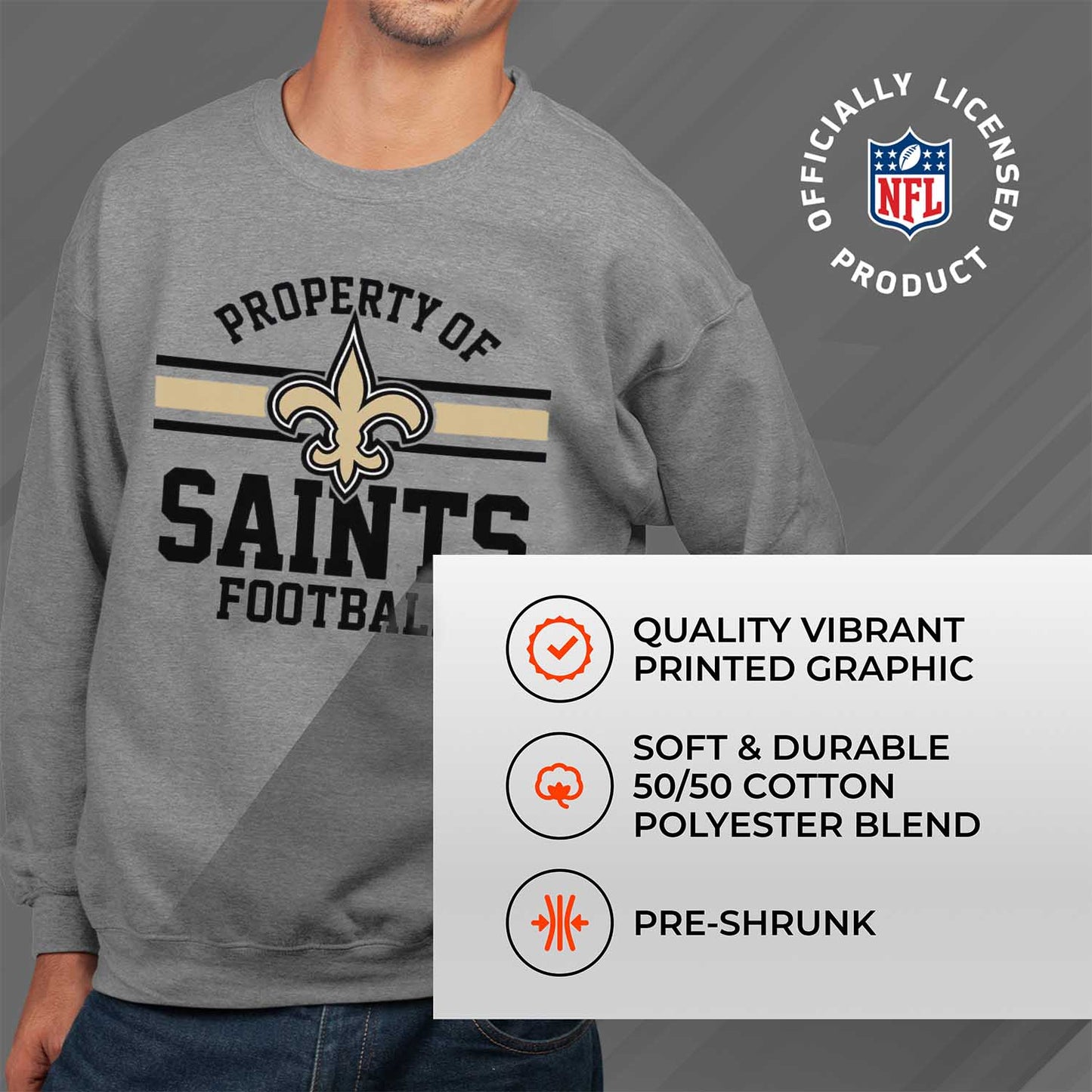 New Orleans Saints NFL Adult Property Of Crewneck Fleece Sweatshirt - Sport Gray