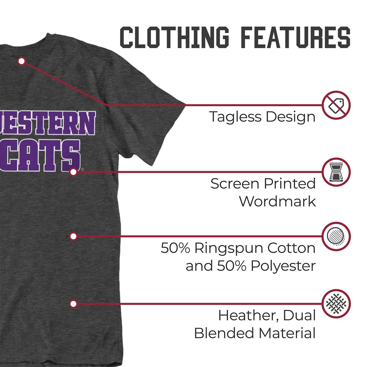 Northwestern Wildcats Campus Colors NCAA Adult Cotton Blend Charcoal Tagless T-Shirt - Charcoal