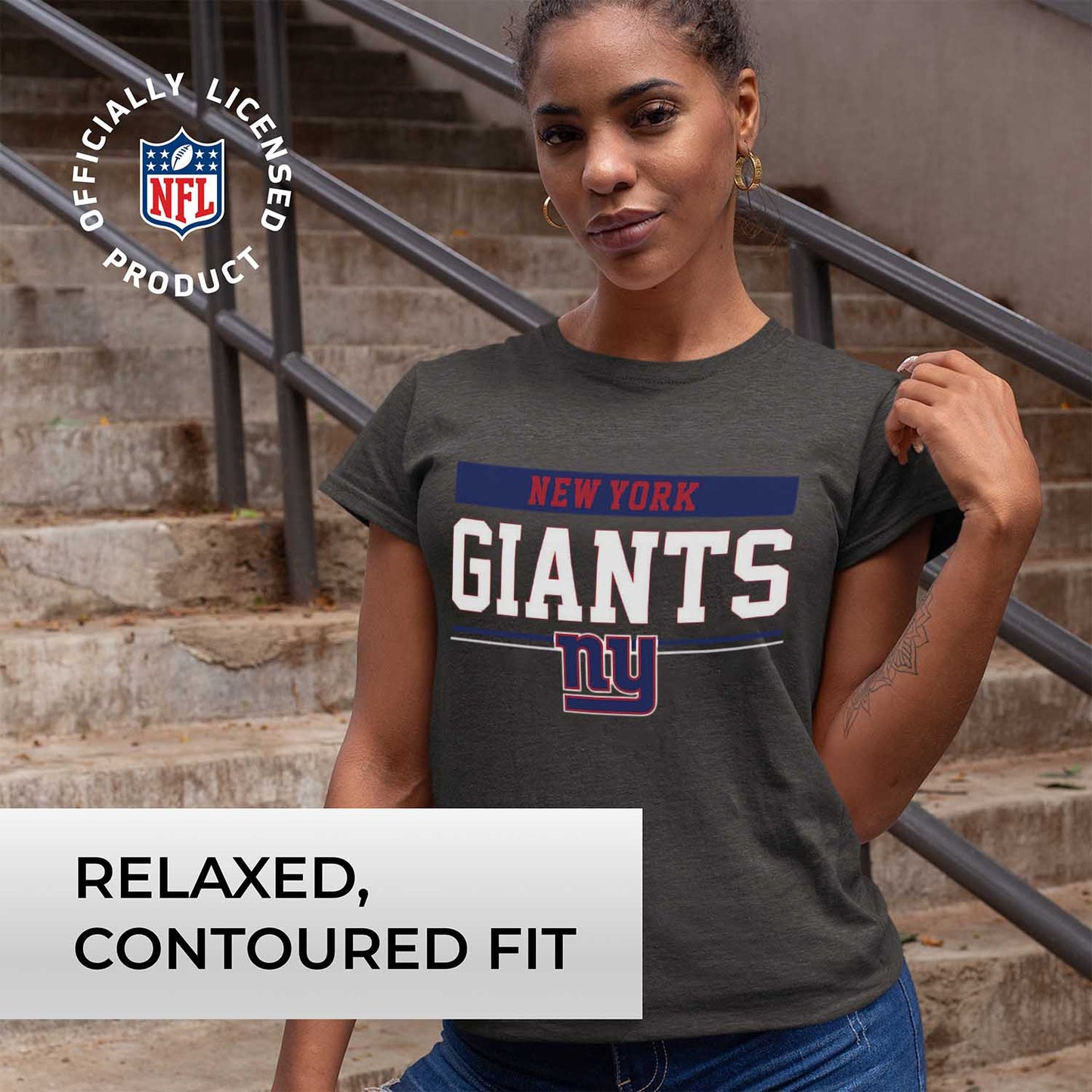 New York Giants NFL Women's Team Block Plus Sized Relaxed Fit T-Shirt - Charcoal