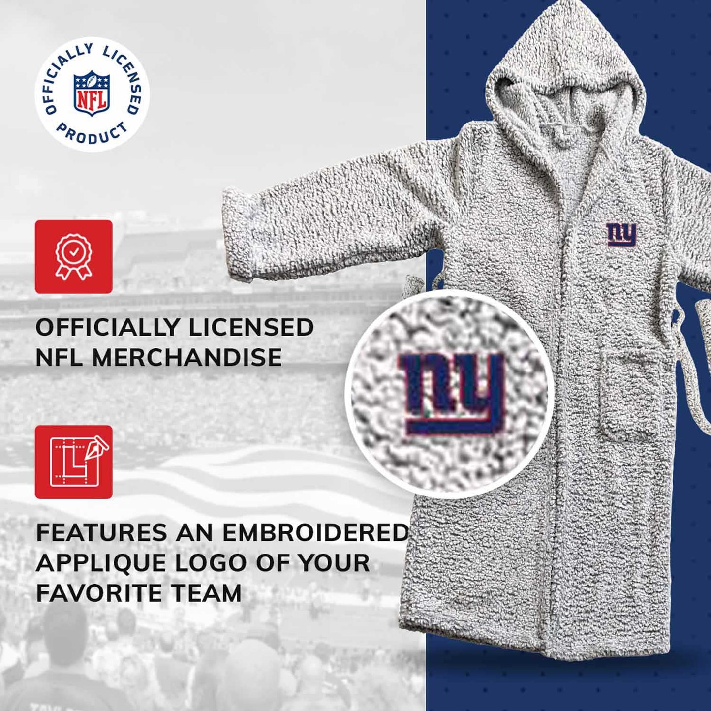 New York Giants NFL Plush Hooded Robe with Pockets - Gray