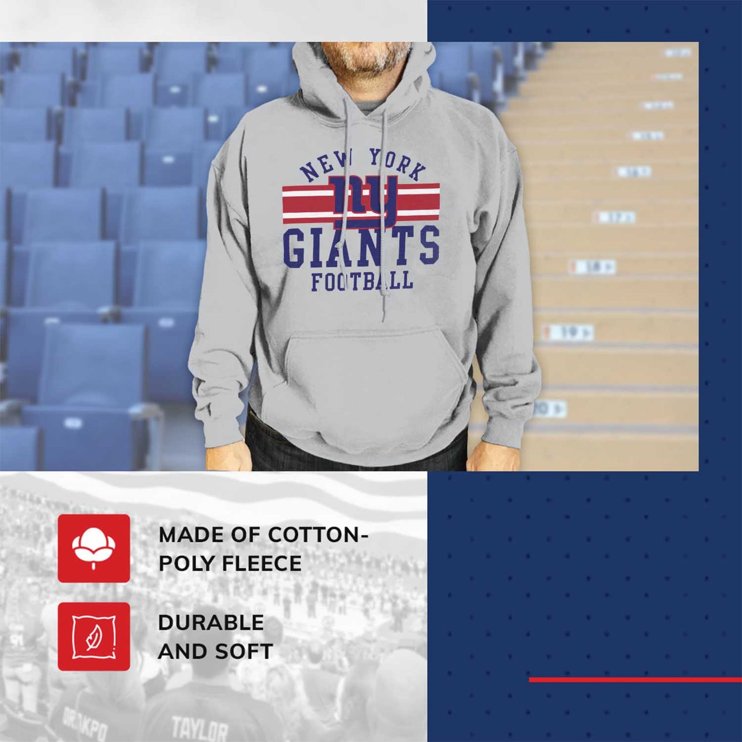 New York Giants NFL Team Stripe Hooded Sweatshirt- Soft Pullover Sports Hoodie For Men & Women - Sport Gray