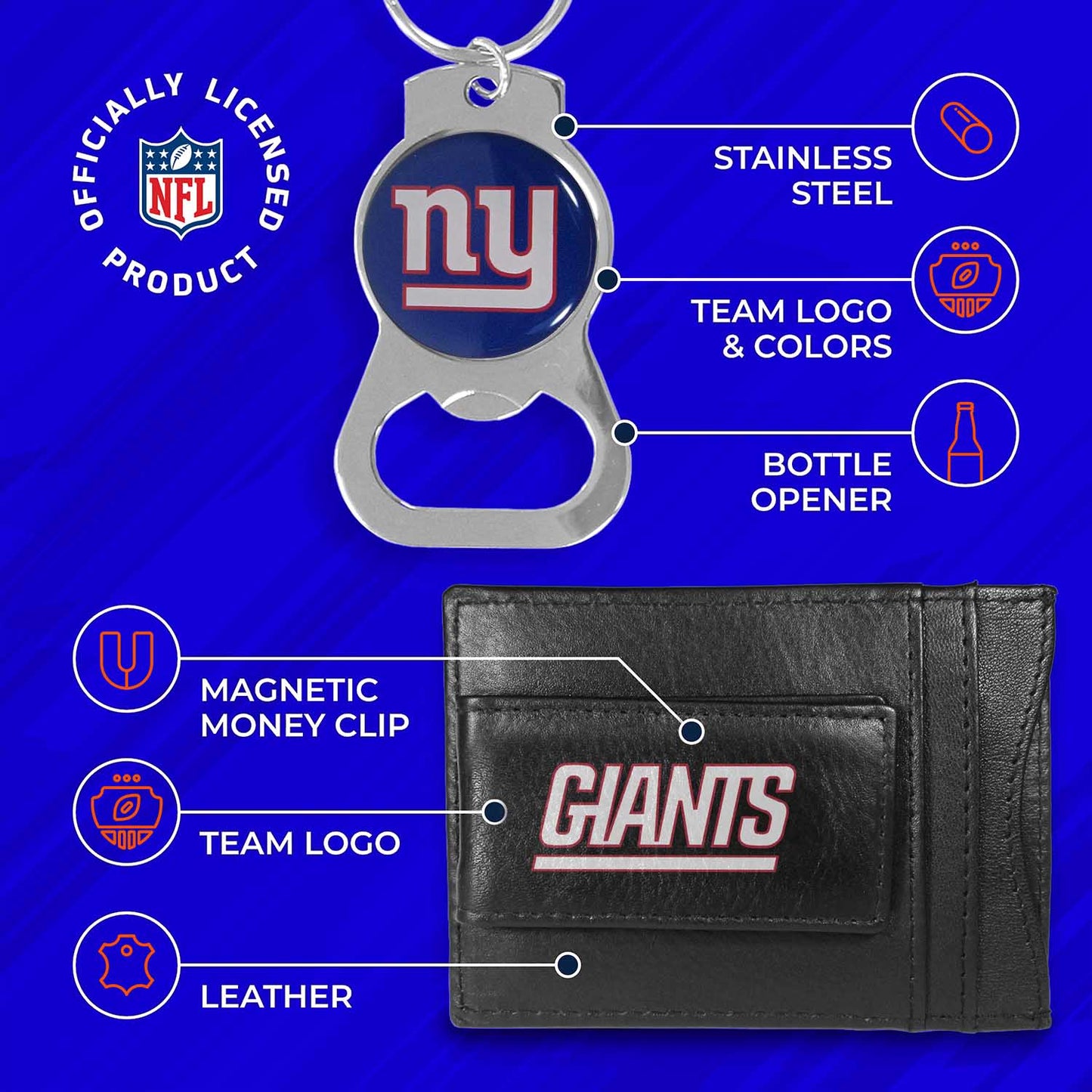 New York Giants NFL Bottle Opener Keychain Bundle - Black