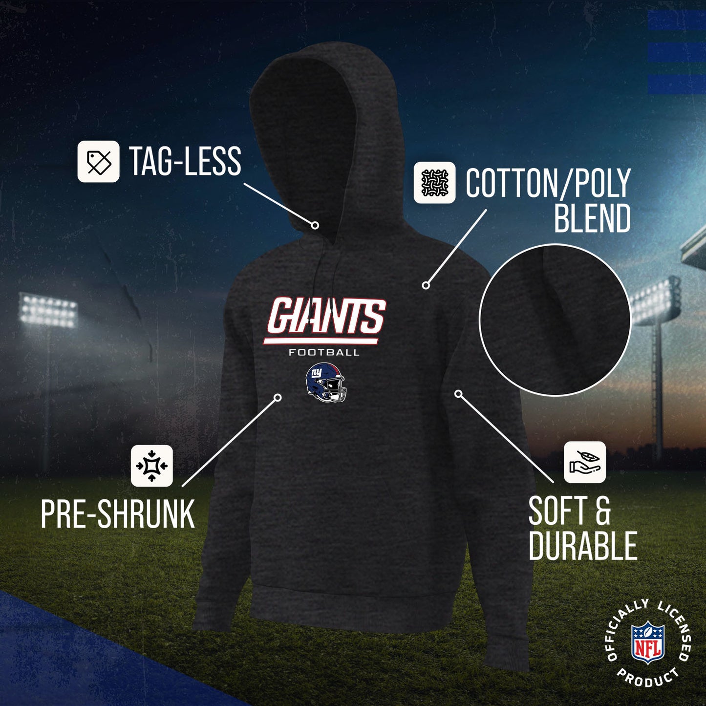 New York Giants Adult NFL Football Helmet Heather Hooded Sweatshirt  - Charcoal