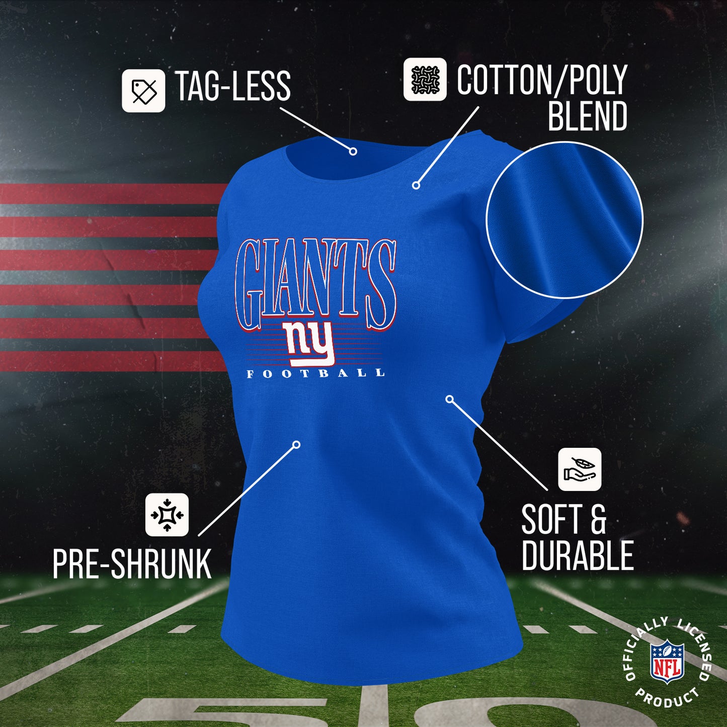 New York Giants NFL Womens Overtime Blueprint Tag-Less T-Shirt - Royal