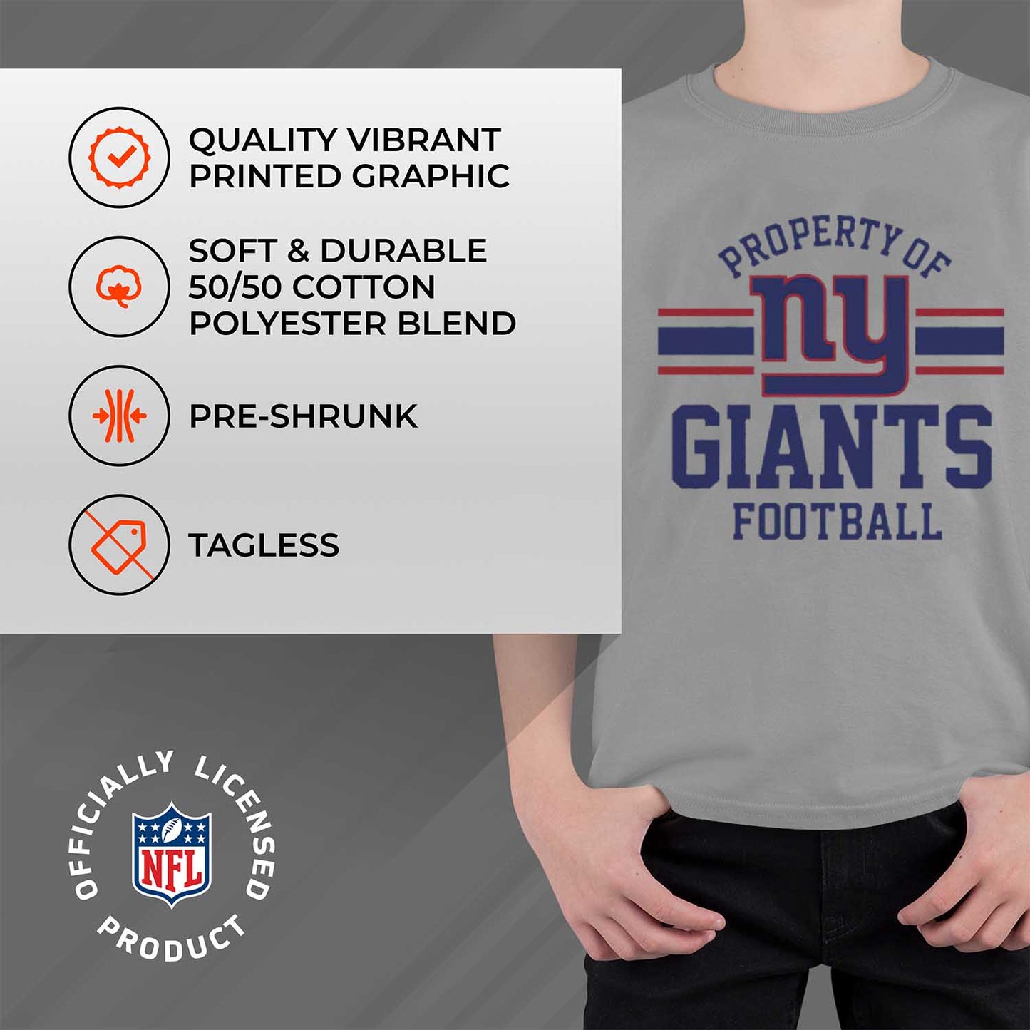 New York Giants NFL Youth Property Of Short Sleeve Lightweight T Shirt - Sport Gray