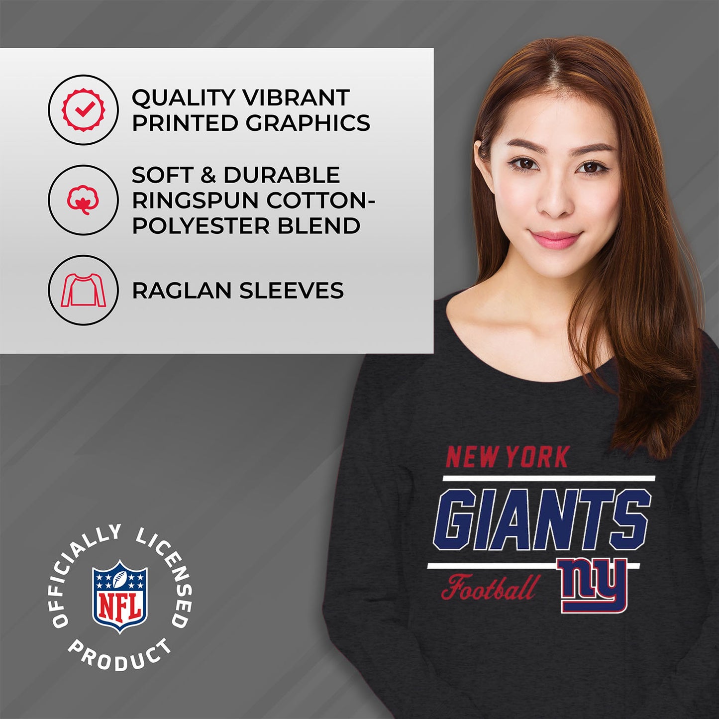 New York Giants NFL Womens Crew Neck Light Weight - Charcoal