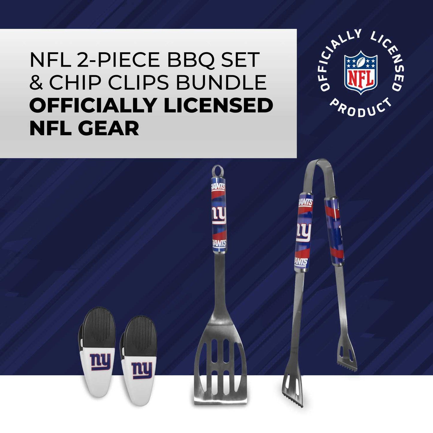 New York Giants NFL Two Piece Grilling Tools Set with 2 Magnet Chip Clips - Chrome